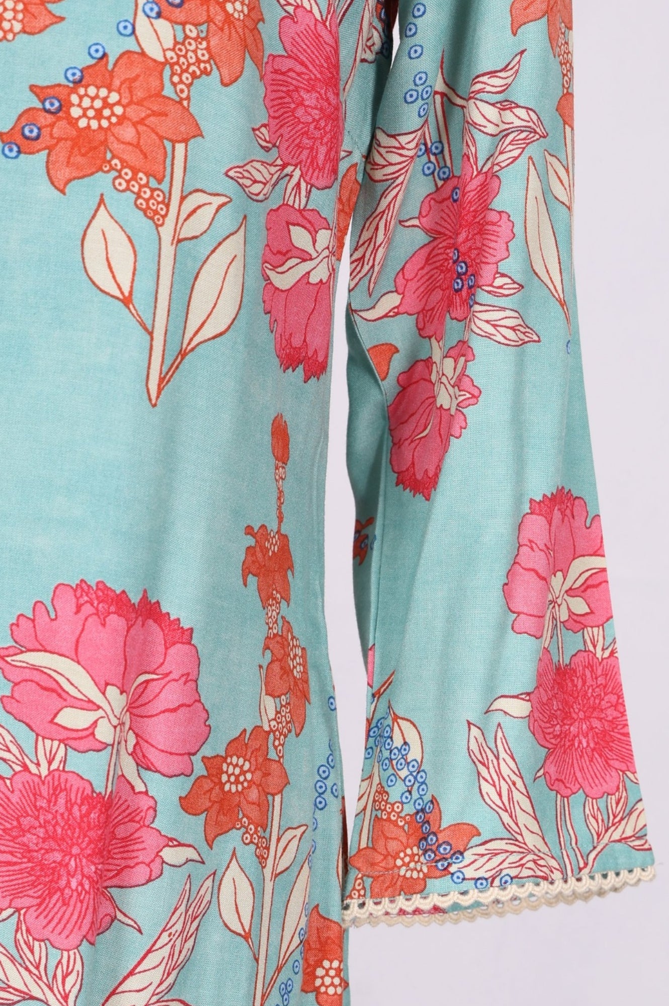 Turquoise Blue Floral Printed Lace Rayon Straight Kurta