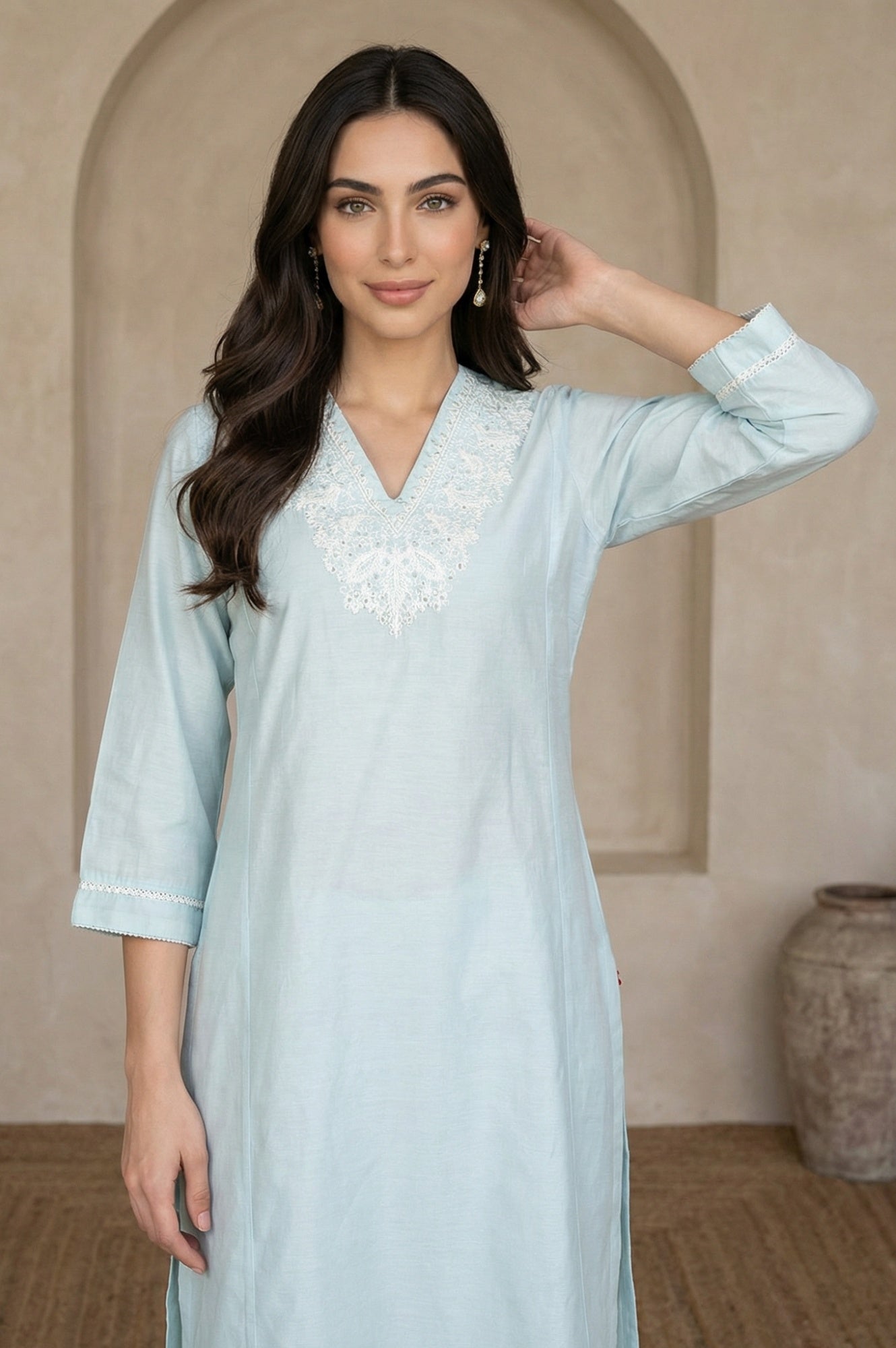 Blue Yarn Dyed Chikankari Embroidered Straight Kurta