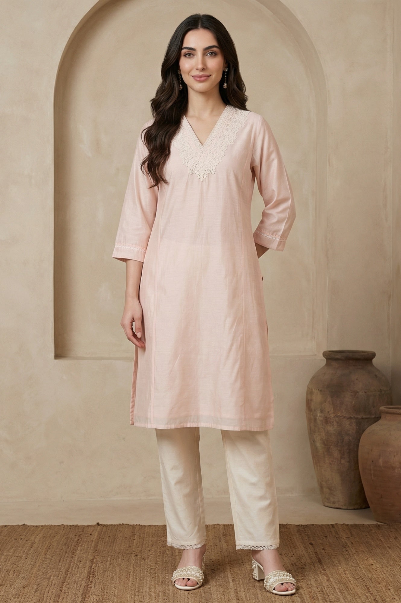 Peach Yarn Dyed Chikankari Embroidered Straight Kurta
