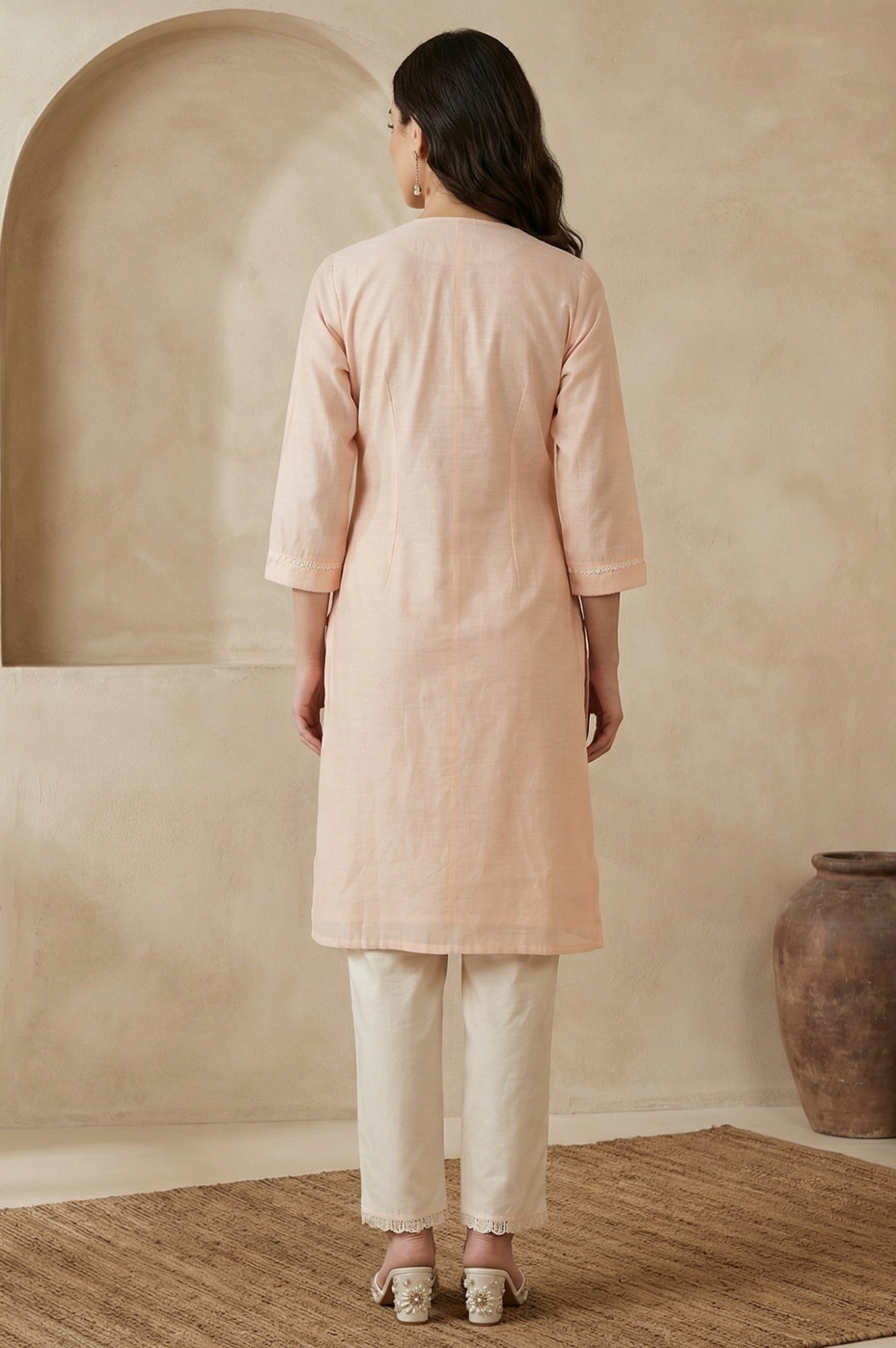 Peach Yarn Dyed Chikankari Embroidered Straight Kurta