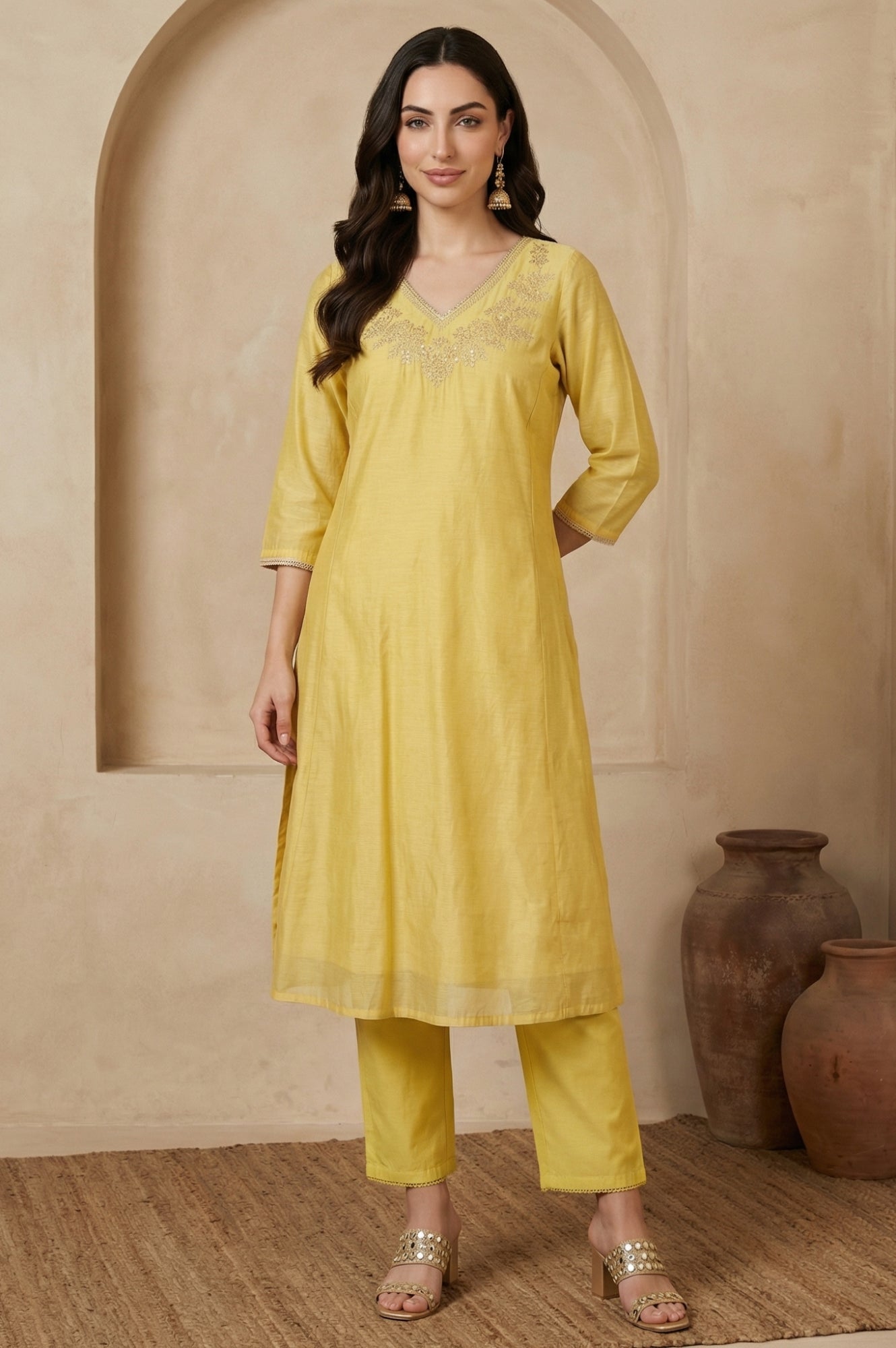 Yellow Embroidered Chanderi A-line Kurta