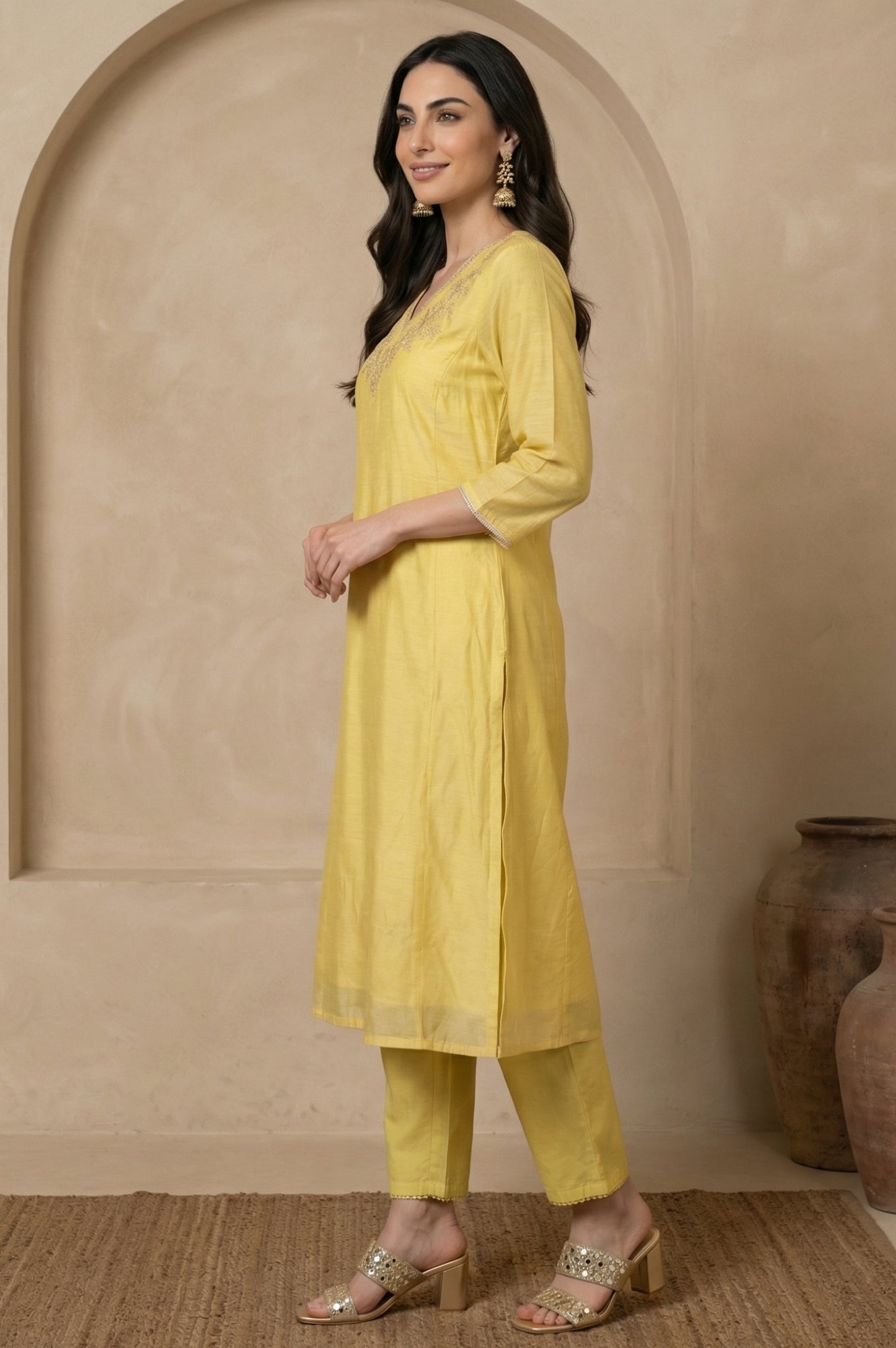 Yellow Embroidered Chanderi A-line Kurta