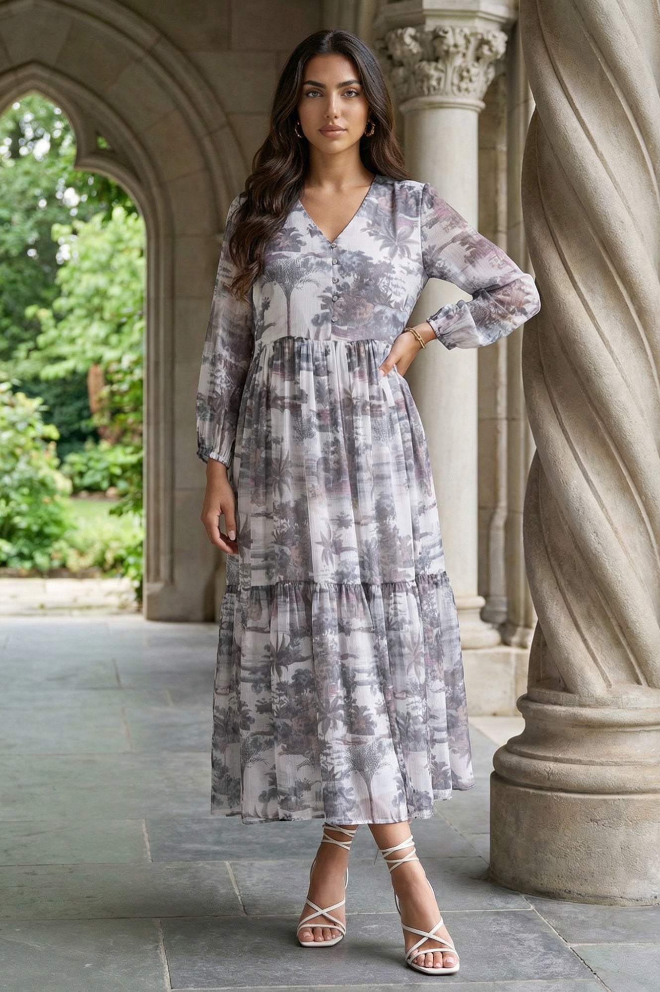 Grey Floral Printed Silver Chiffon Flared Dress