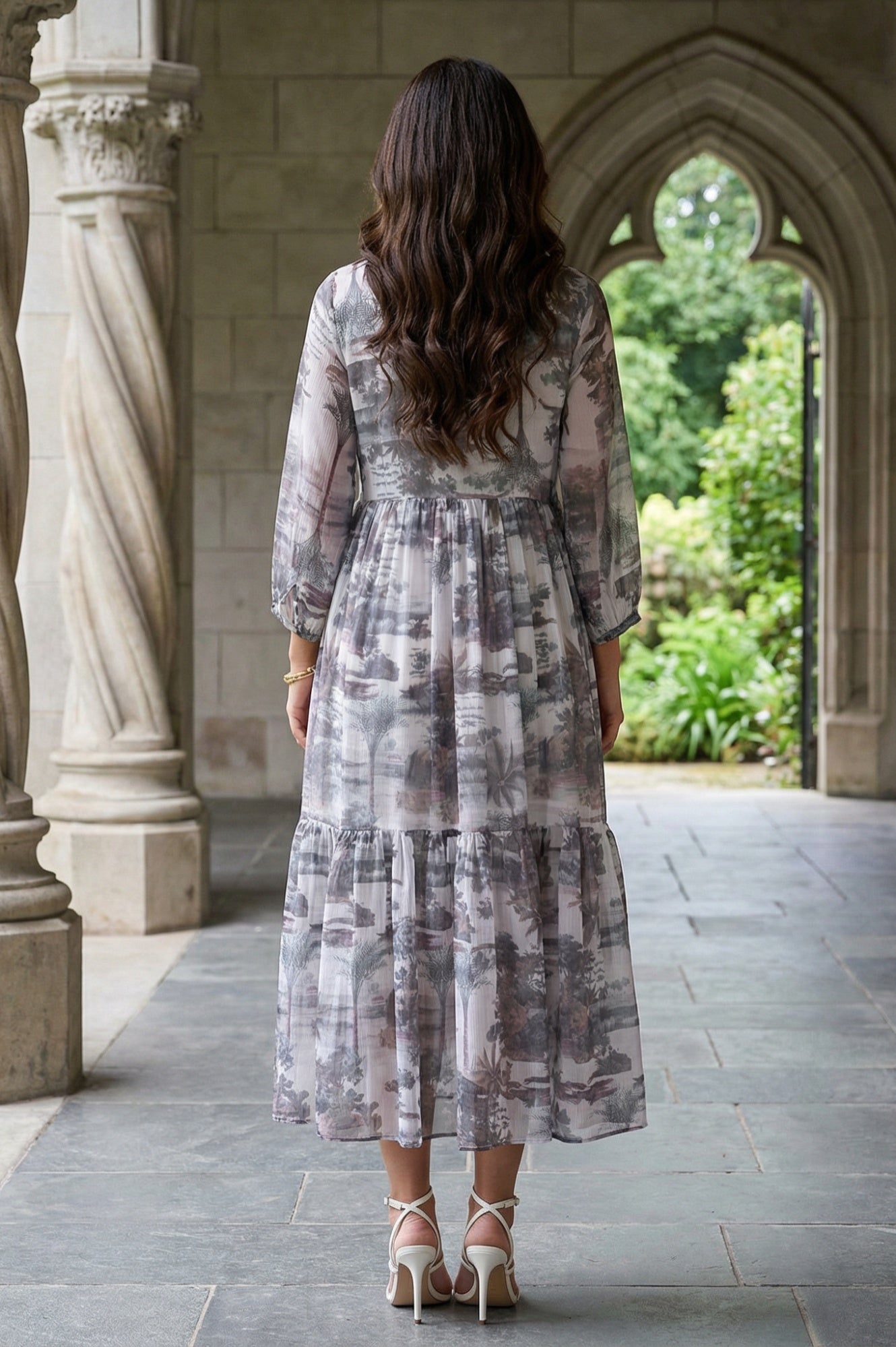 Grey Floral Printed Silver Chiffon Flared Dress