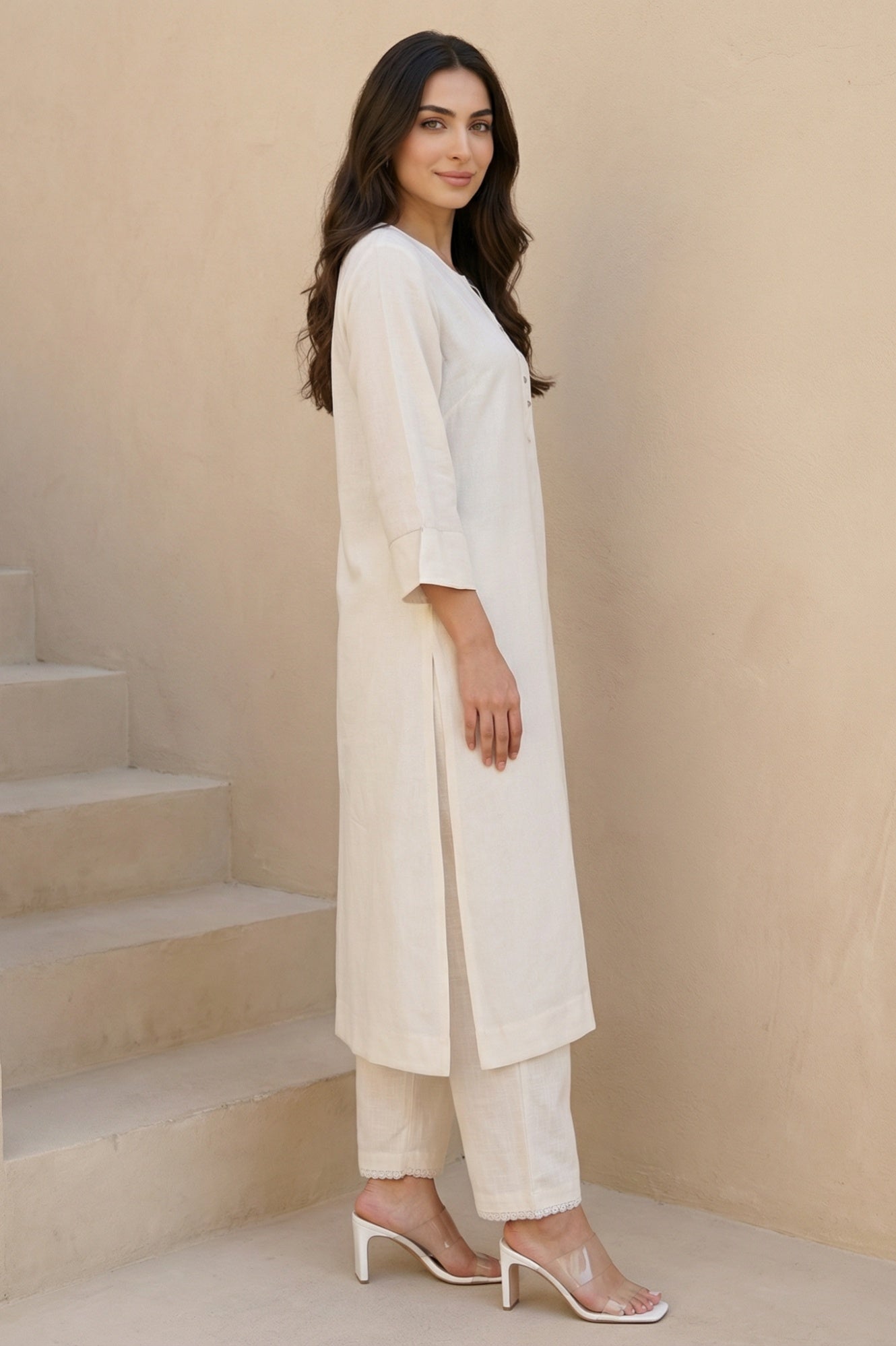 Beige Solid Rayon Straight Kurta