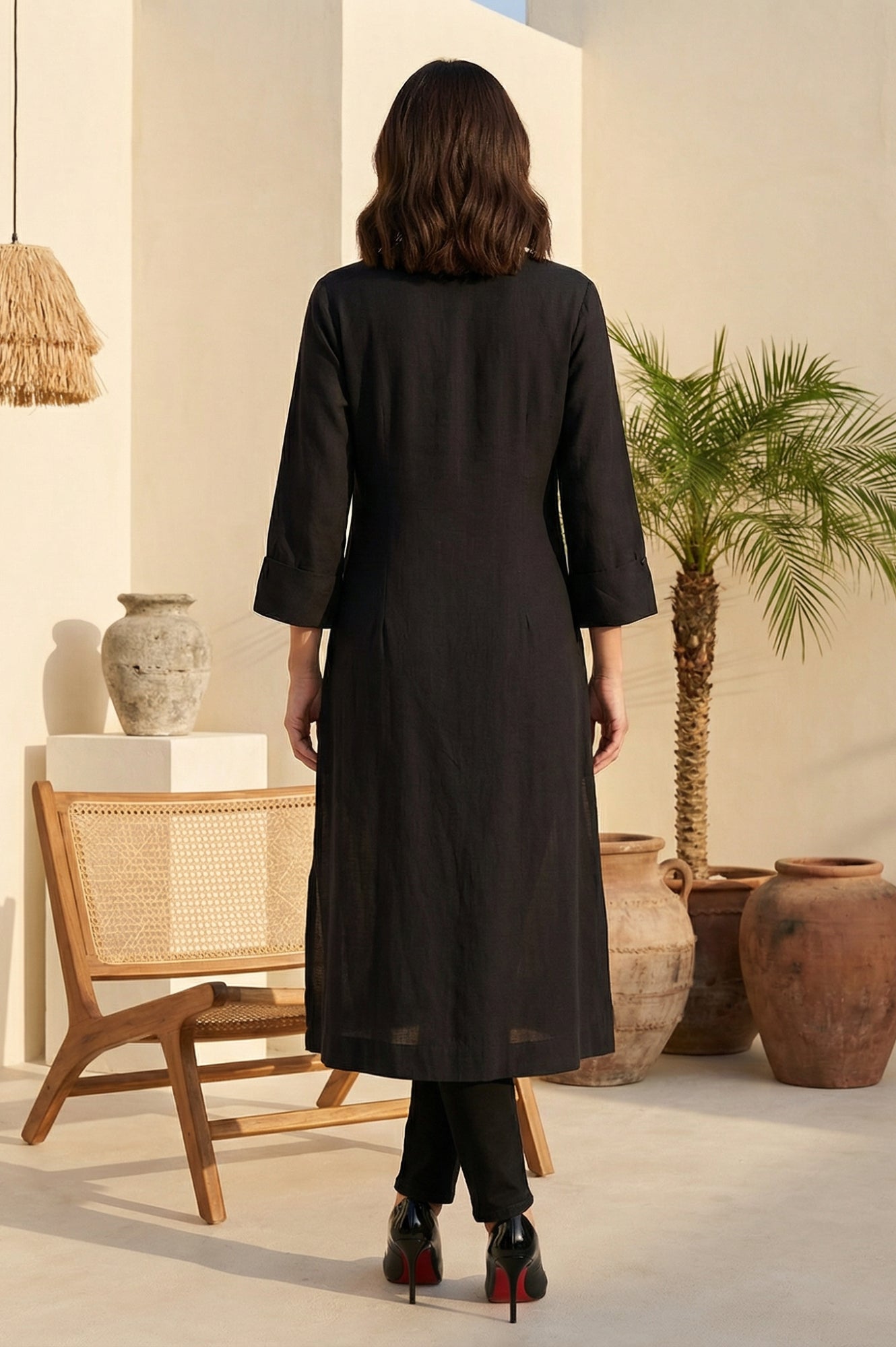 Black Solid Rayon Flax Straight Kurta