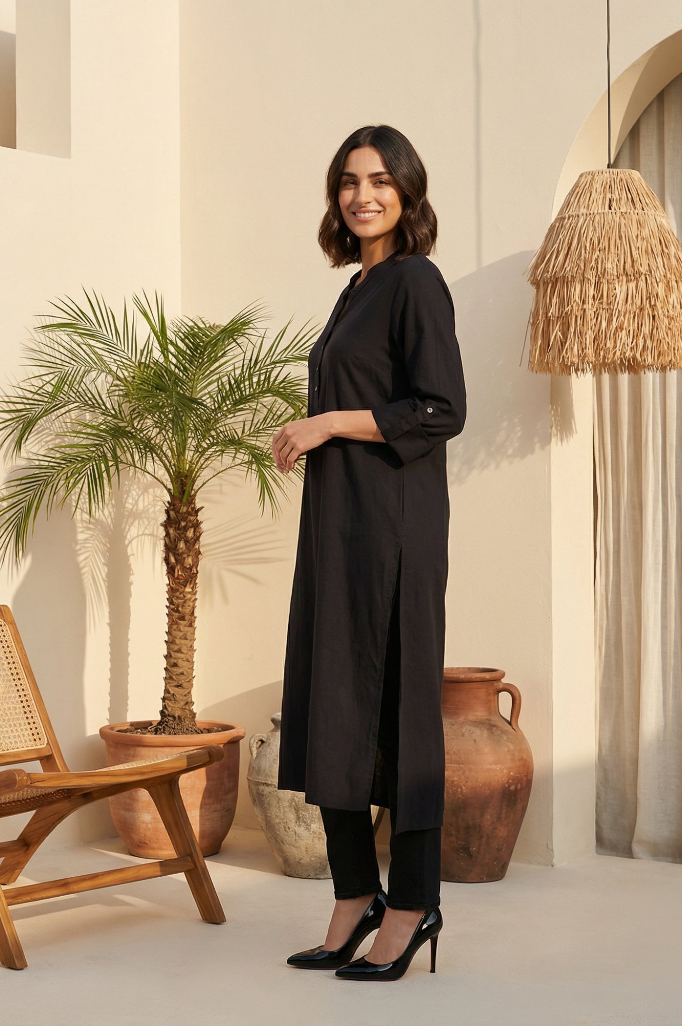 Black Solid Rayon Flax Straight Kurta