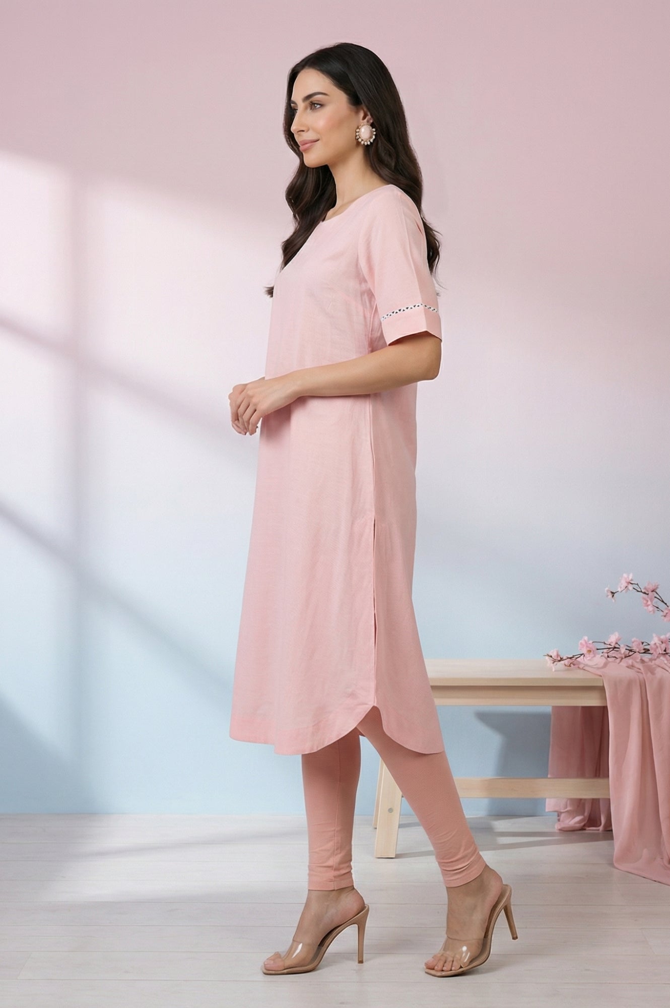 Pink Solid Rayon Flax Straight Kurta