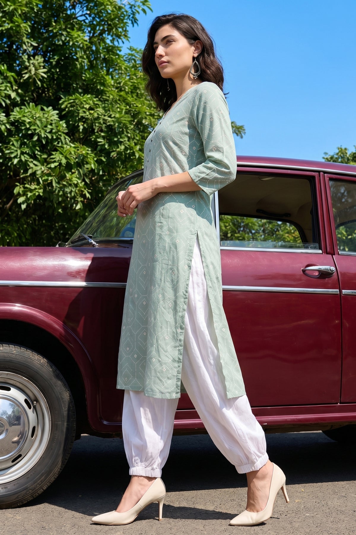 Sea Green Geometric Printed Pure Cotton Straight Kurta