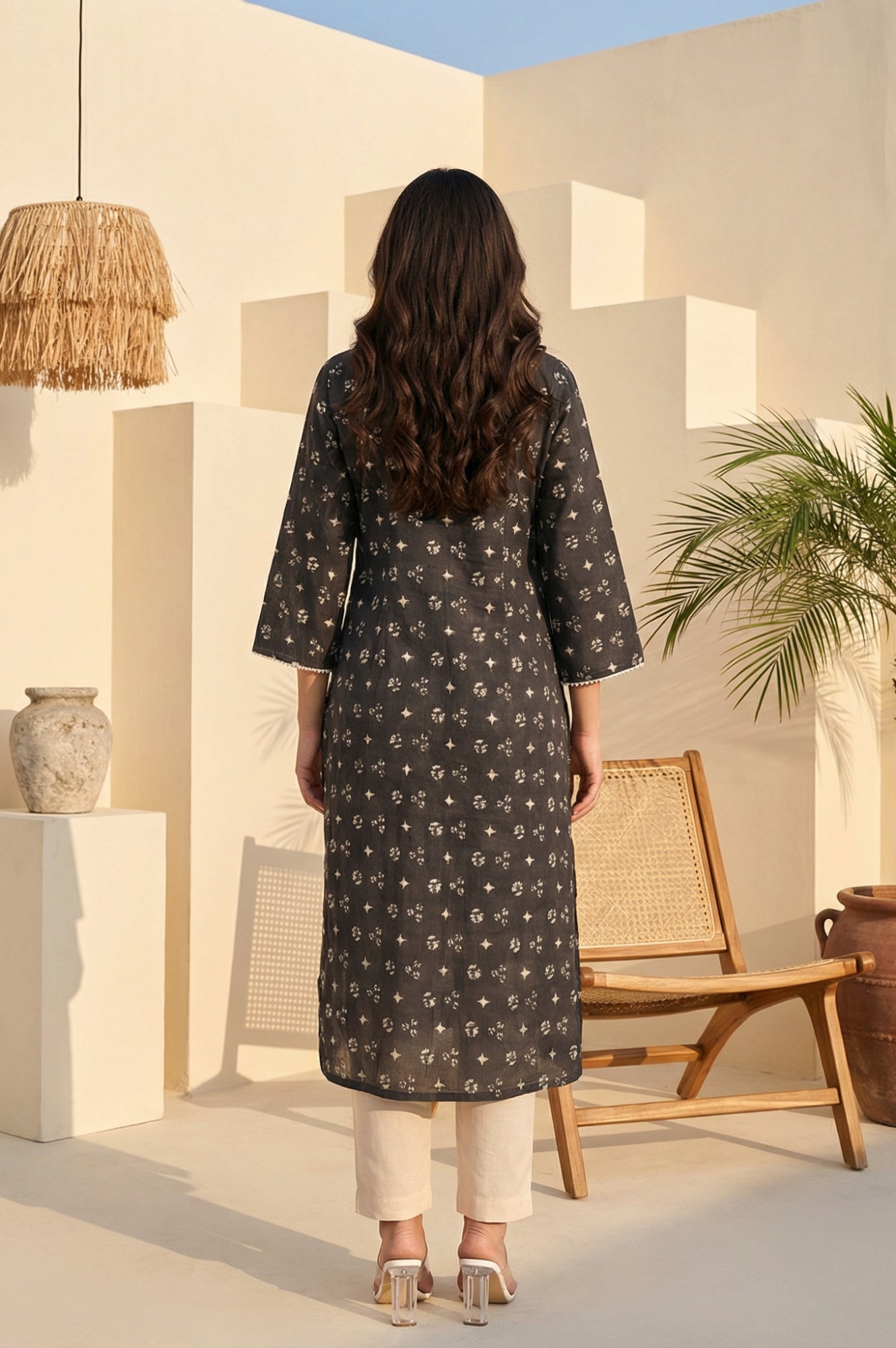 Charcoal Geometric Printed Lace Pure Cotton A-line Kurta