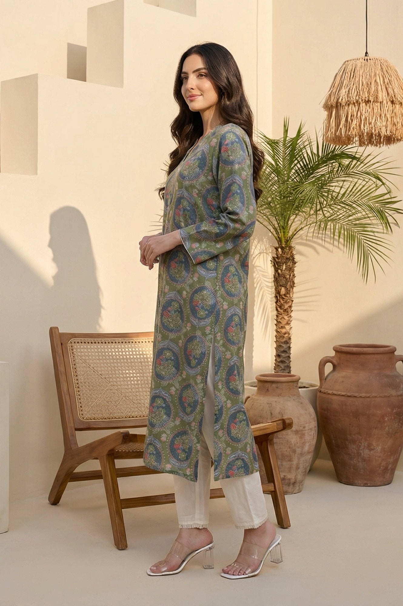 Green Floral Printed Modal Straight Kurta
