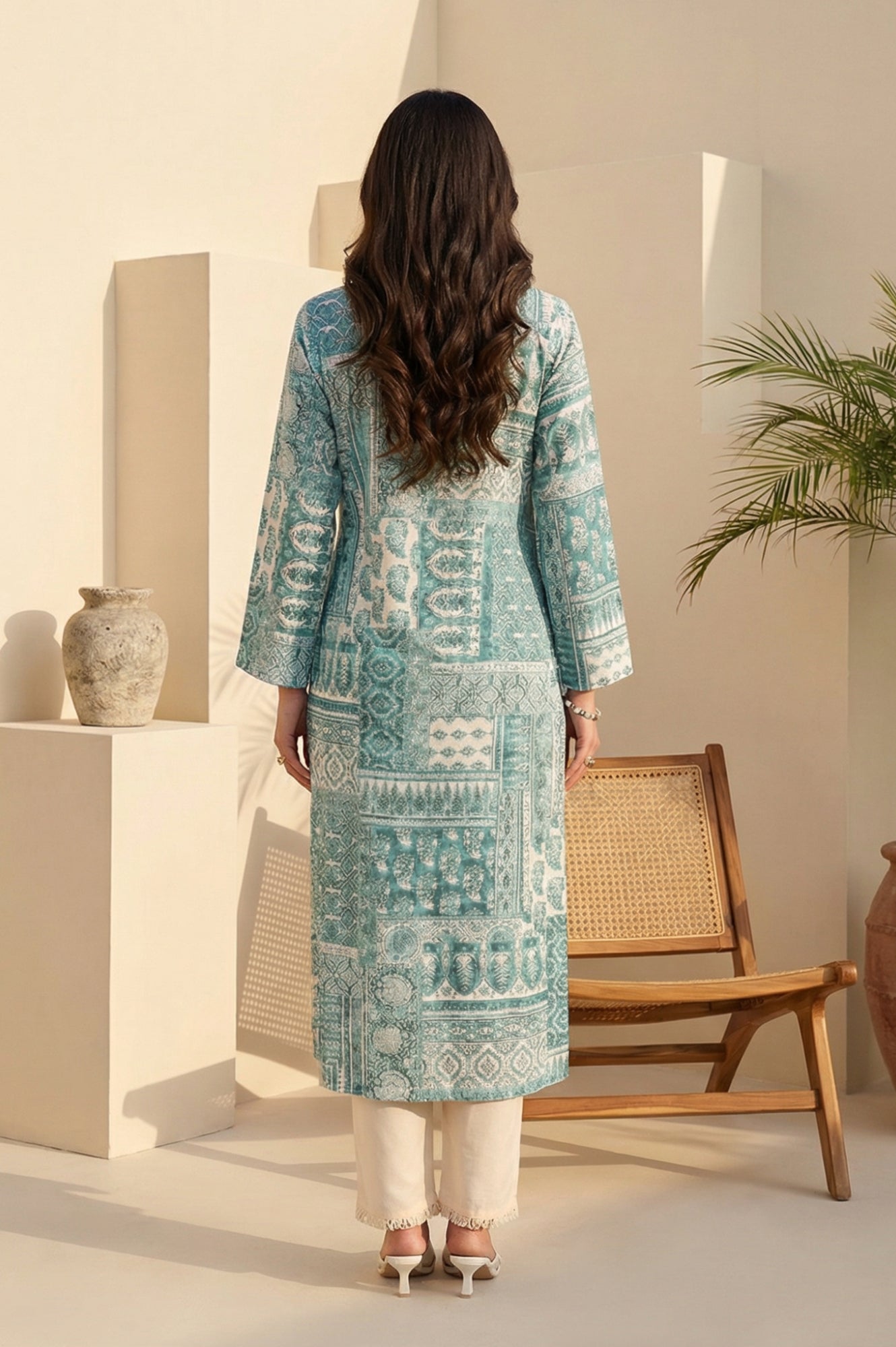 Teal Ethnic Motifs Pure Cotton Straight Kurta