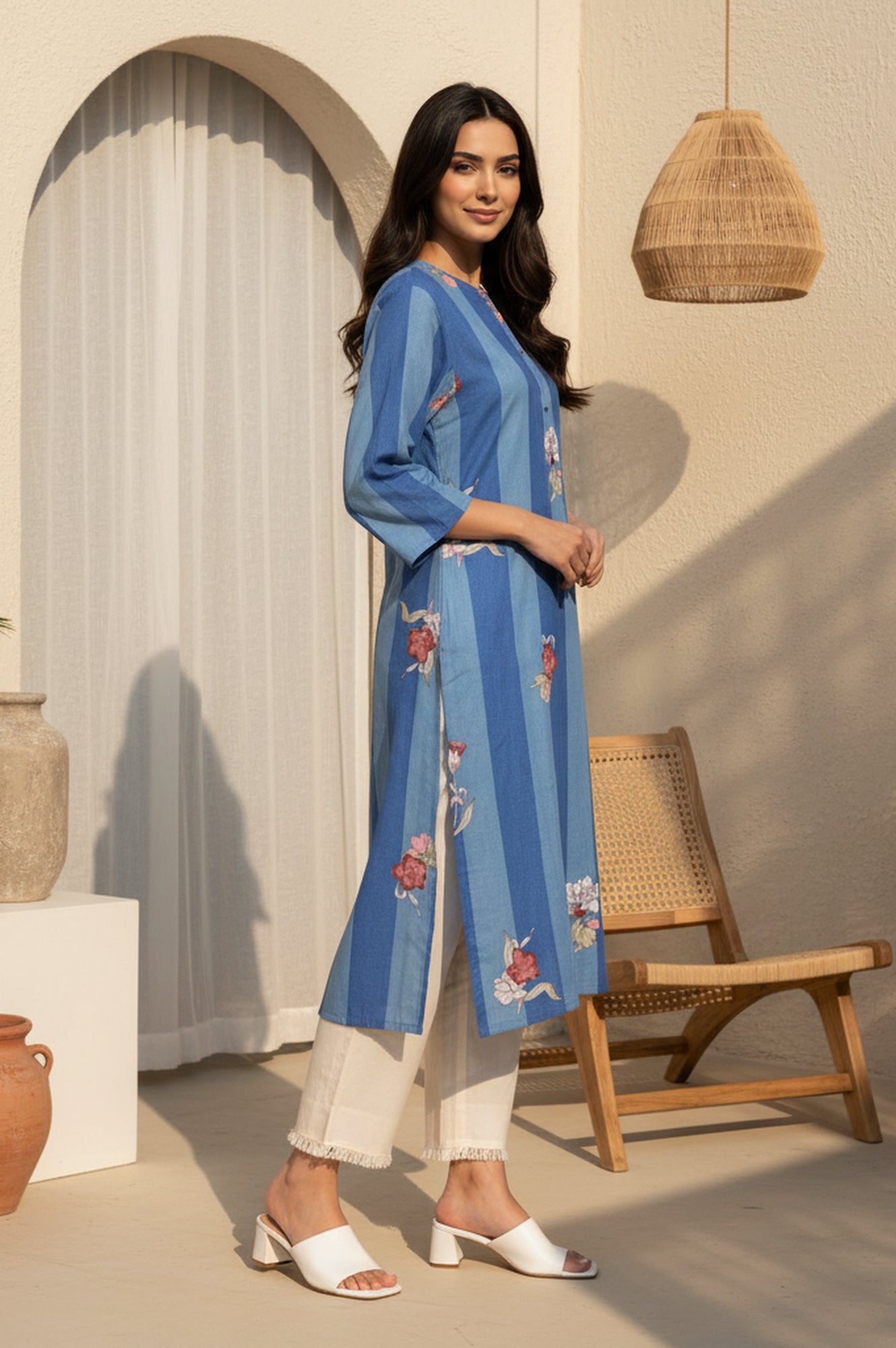 Blue Colour Block Floral Printed Pure Cotton Straight Kurta