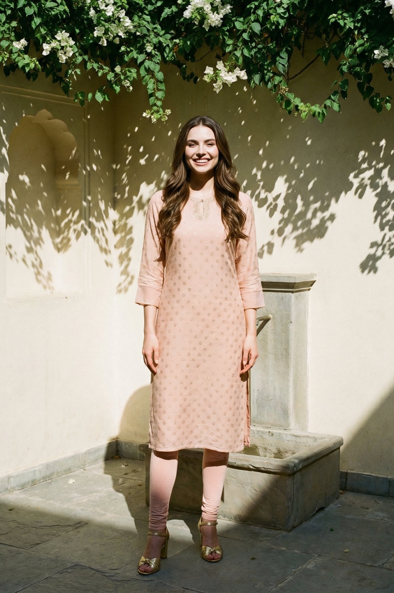 Peach Glitter Printed Rayon Straight Kurta with Embroidered Neck