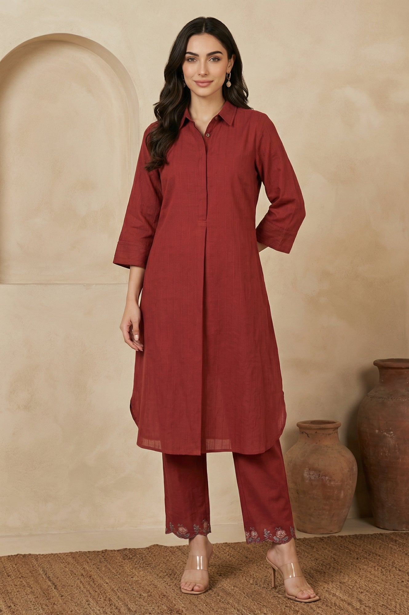 Maroon Solid Pure Cotton Straight Kurta