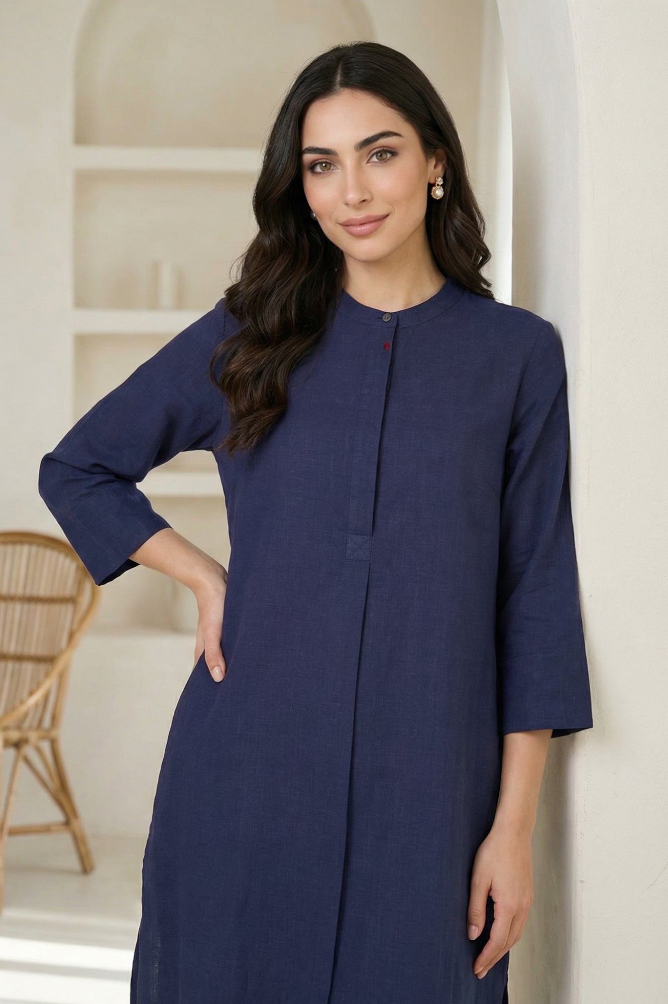 Navy Blue Solid Pure Cotton Straight Kurta