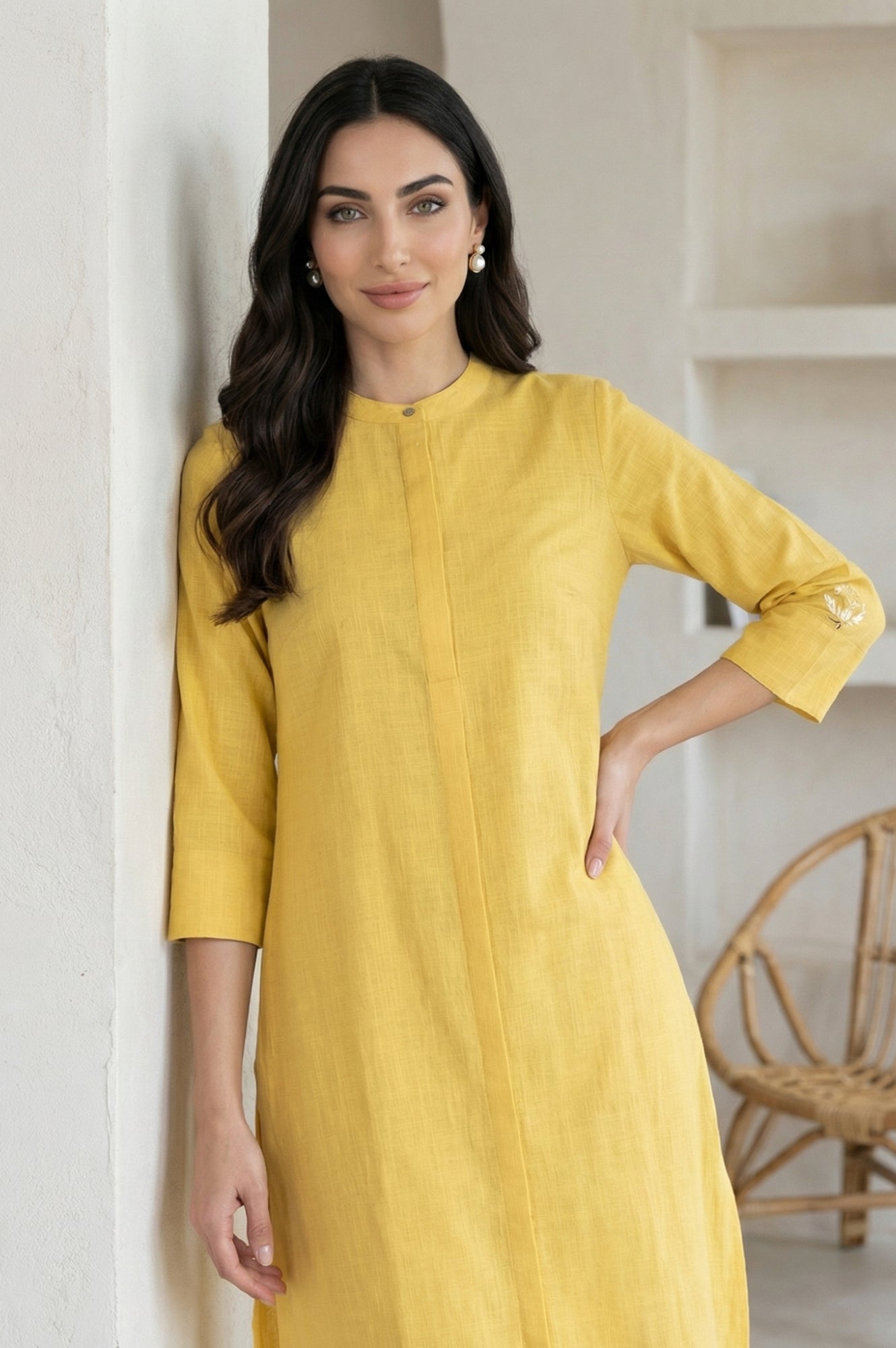 Yellow Thread Embroidered Pure Cotton Straight Kurta