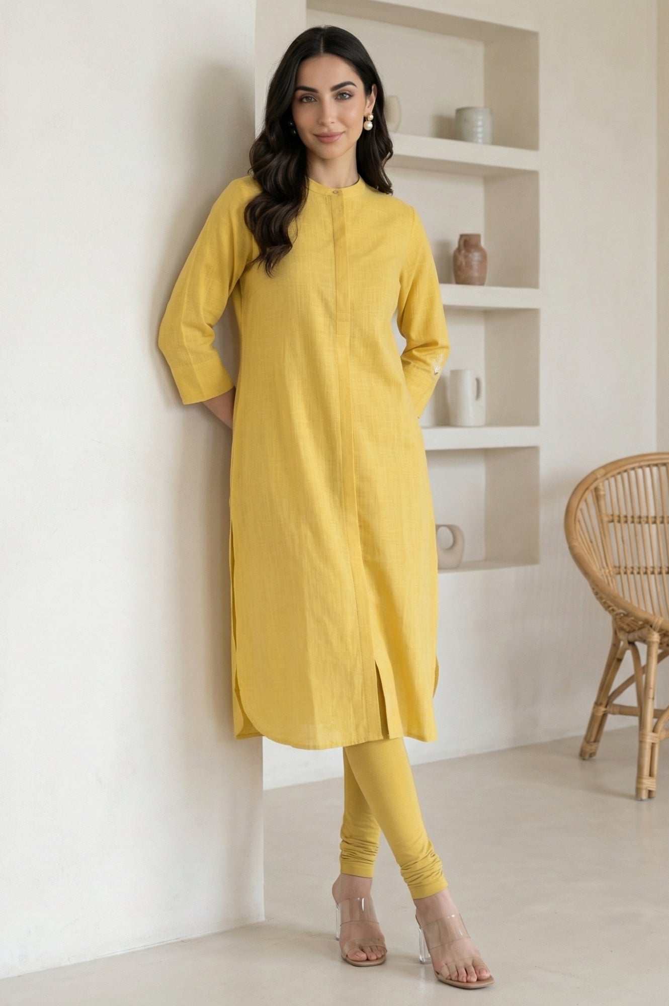 Yellow Thread Embroidered Pure Cotton Straight Kurta