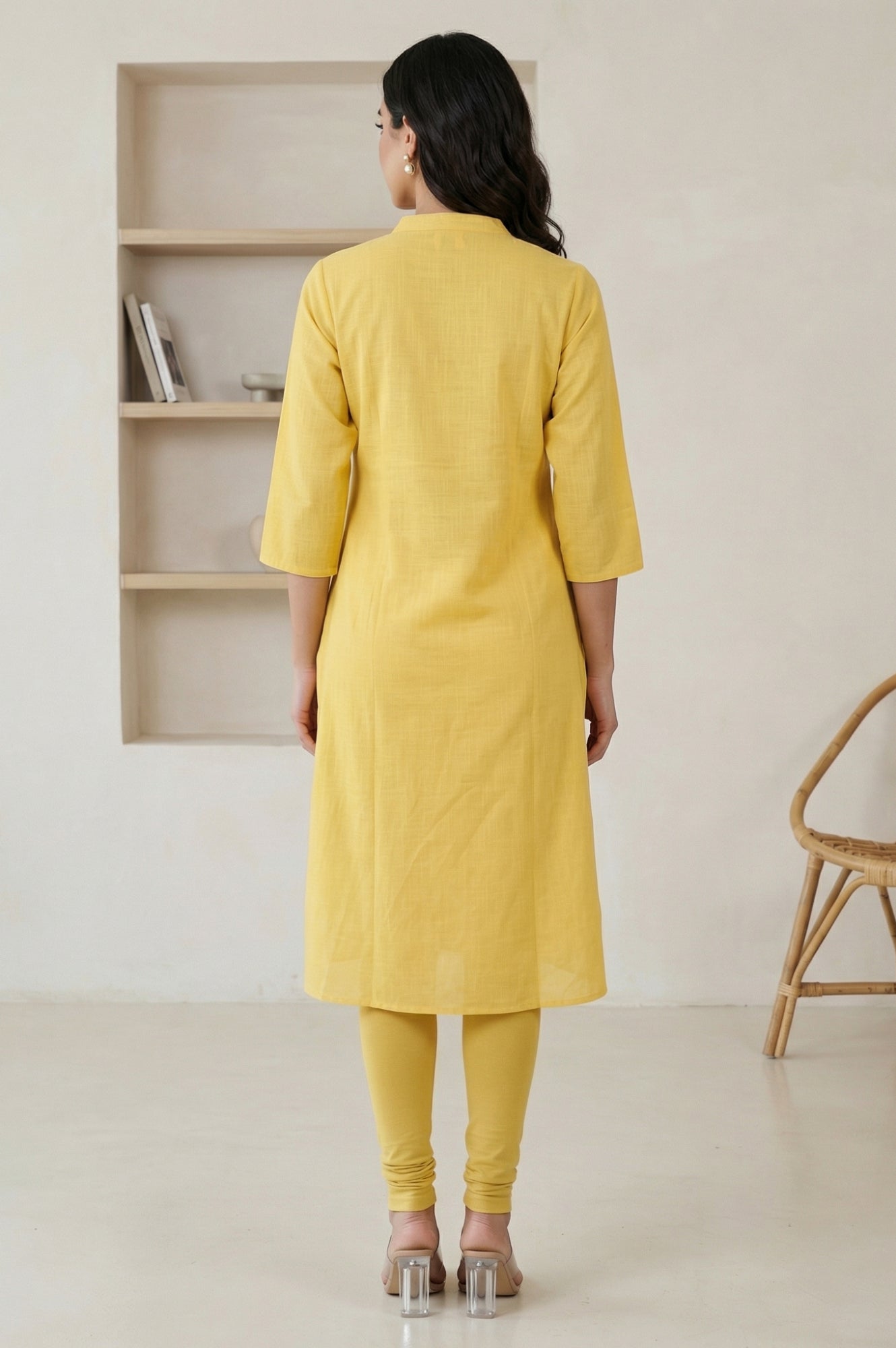 Yellow Thread Embroidered Pure Cotton Straight Kurta