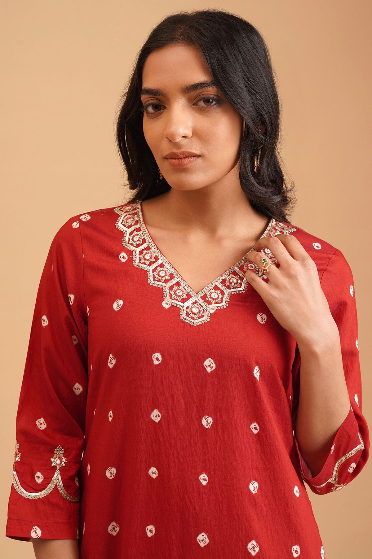 Red Bandhani Sequins Straight Kurta