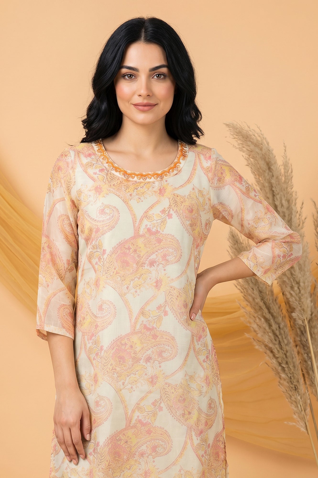 Off White Paisley Thread Embroidered Tissue Straight Kurta