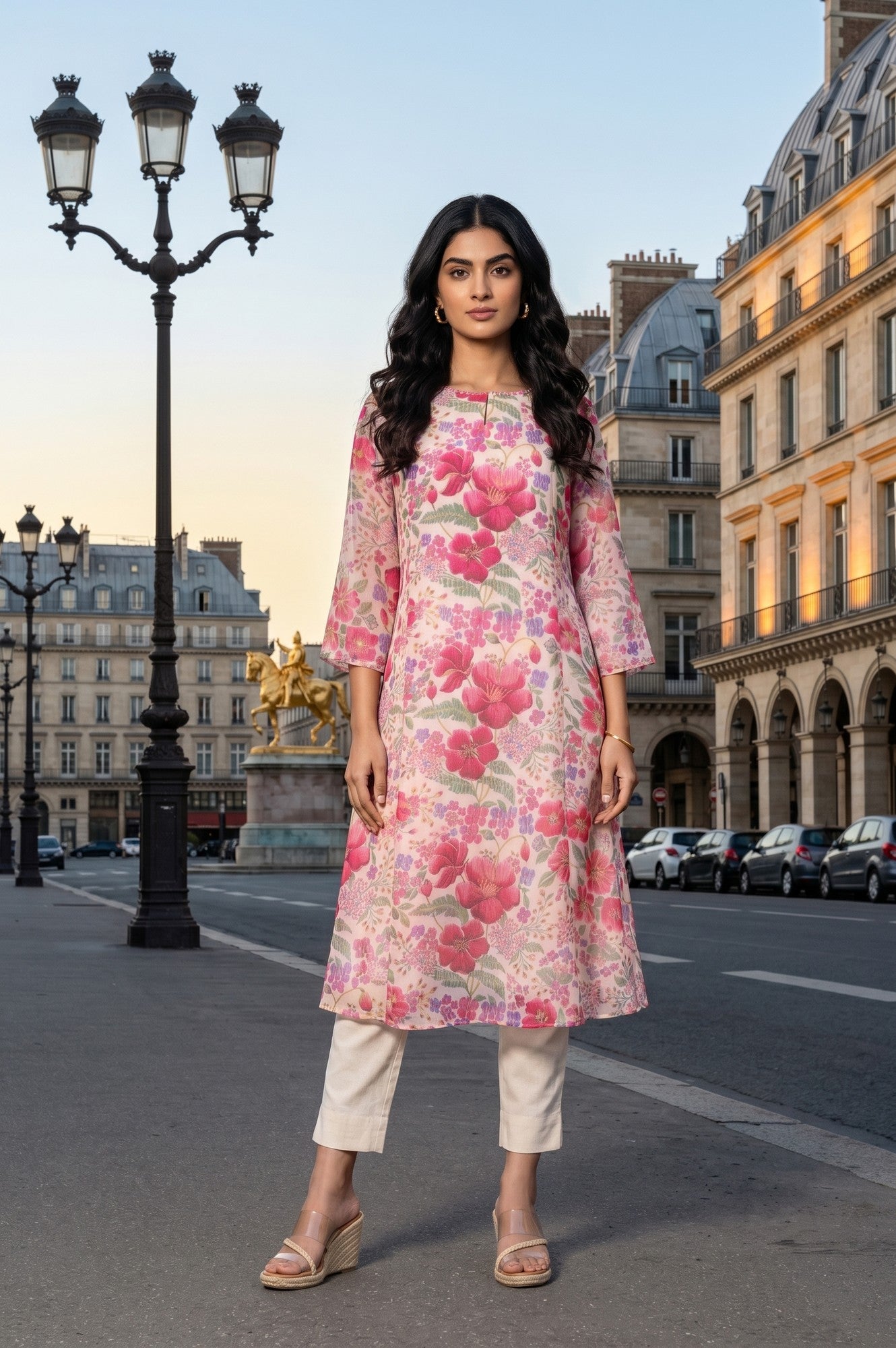 Cream Floral Printed Organza A-line Kurta