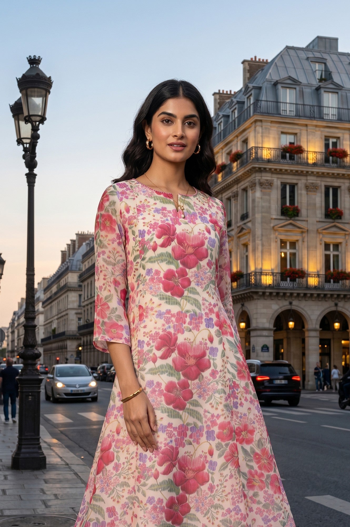 Cream Floral Printed Organza A-line Kurta