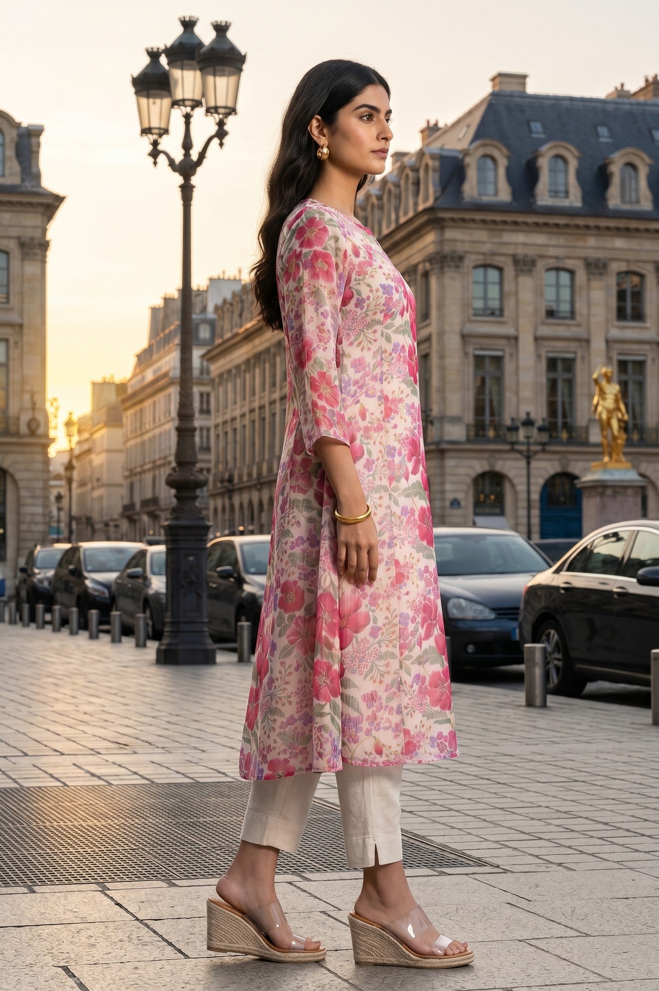 Cream Floral Printed Organza A-line Kurta