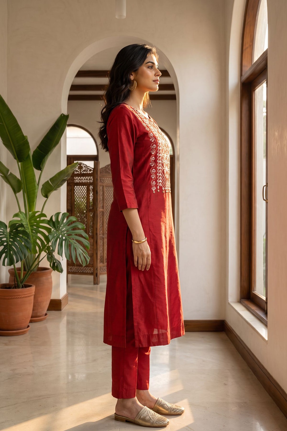 Maroon Embroidered Straight Kurta