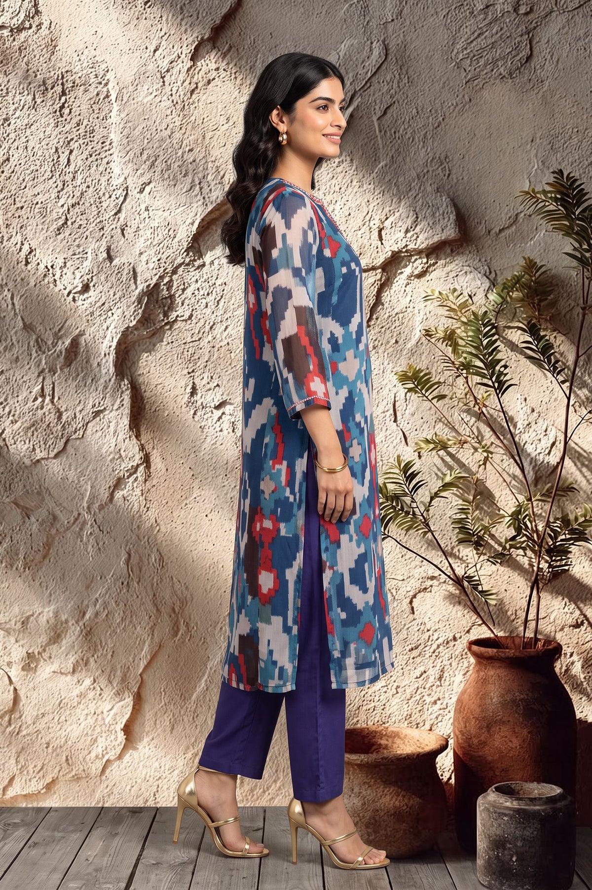 Blue Ikat Printed Sequins Chiffon Straight Kurta