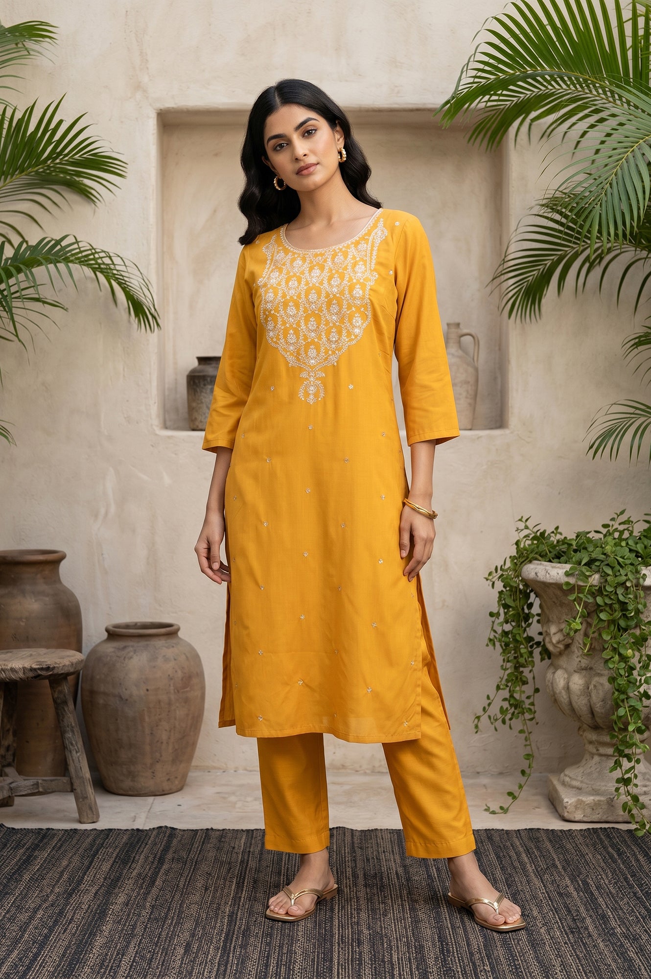 Mustard Embroidered Straight Kurta