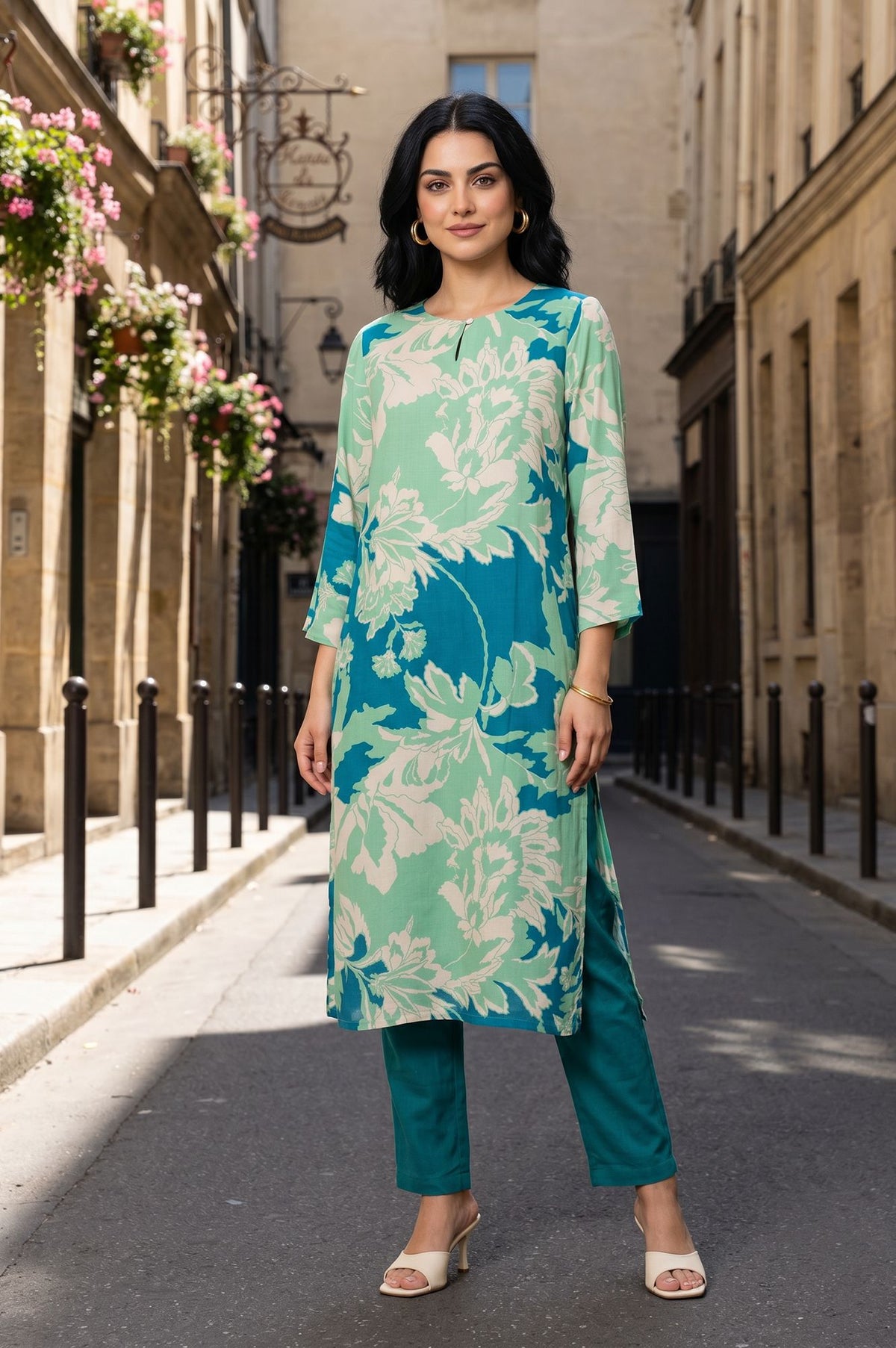 Sea Green Floral Printed Modal Straight Kurta