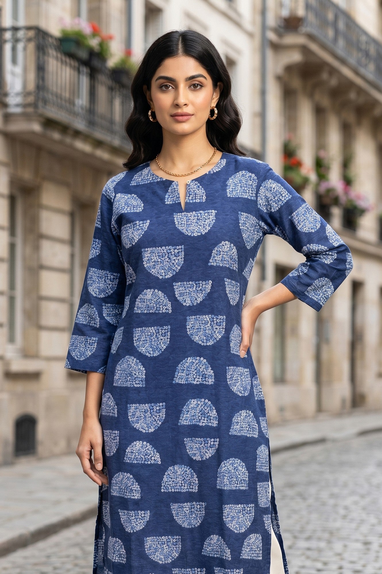 Navy Blue Geometric Printed Pure Cotton Straight Kurta