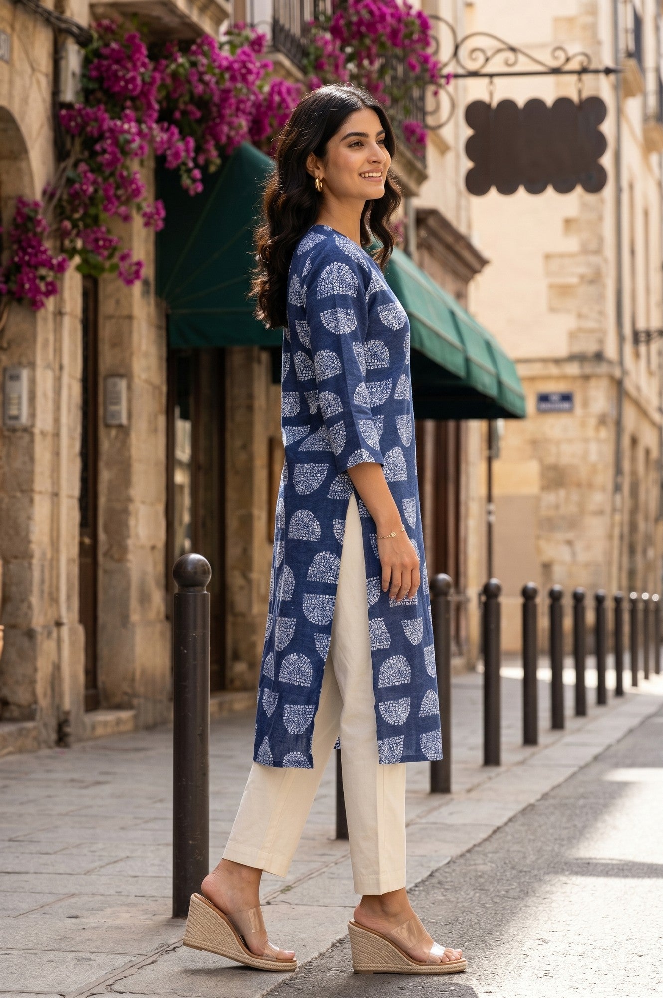 Navy Blue Geometric Printed Pure Cotton Straight Kurta