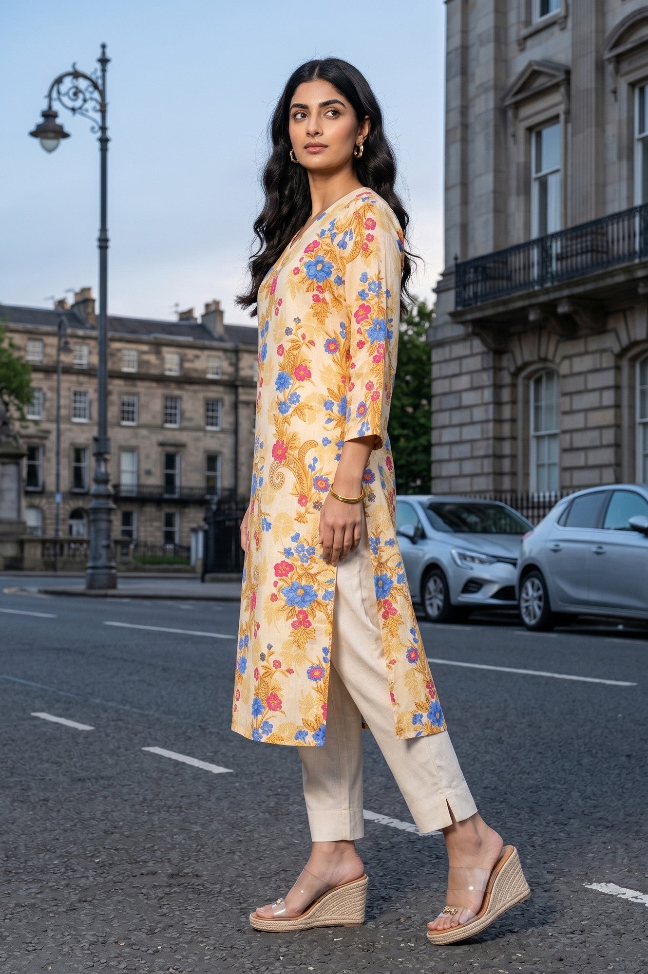 Beige Floral Printed Pure Cotton Straight Kurta