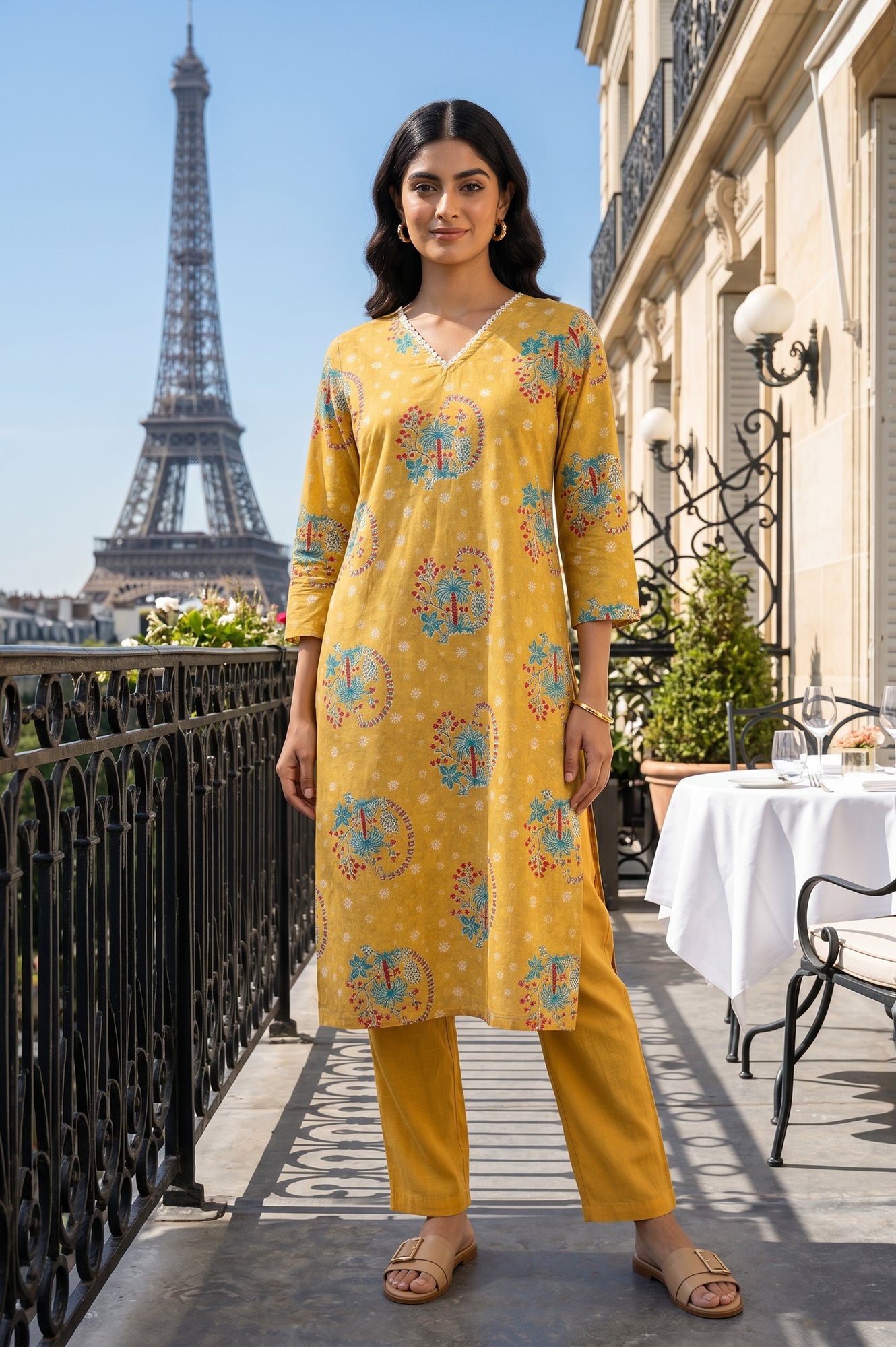 Mustard Floral Printed Pure Cotton Straight Kurta