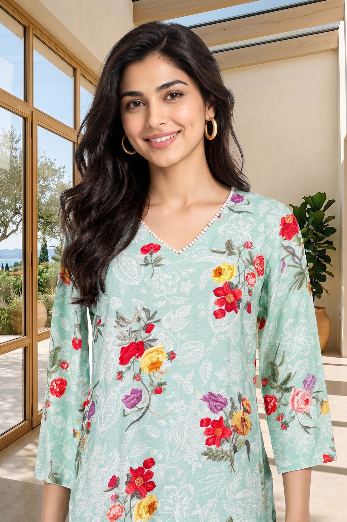 Sea Green Floral Printed Straight Kurta