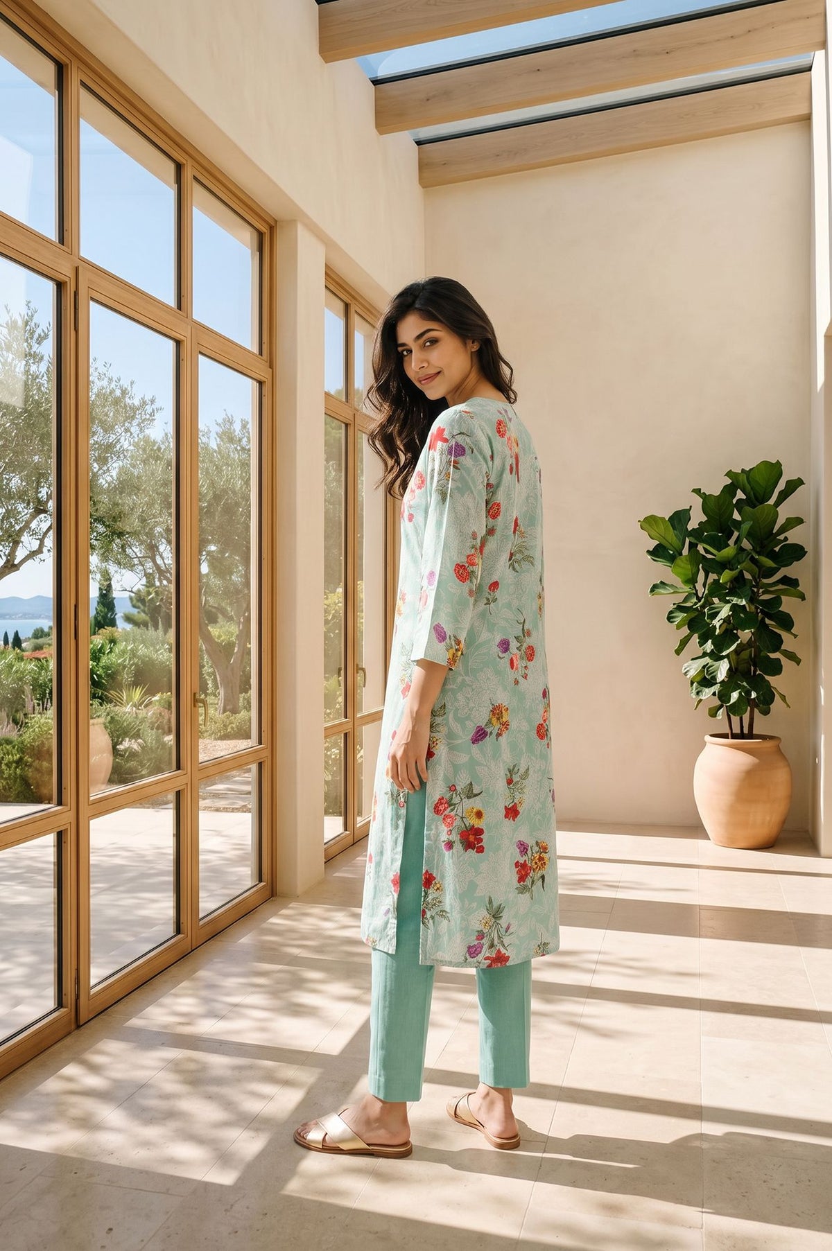 Sea Green Floral Printed Straight Kurta