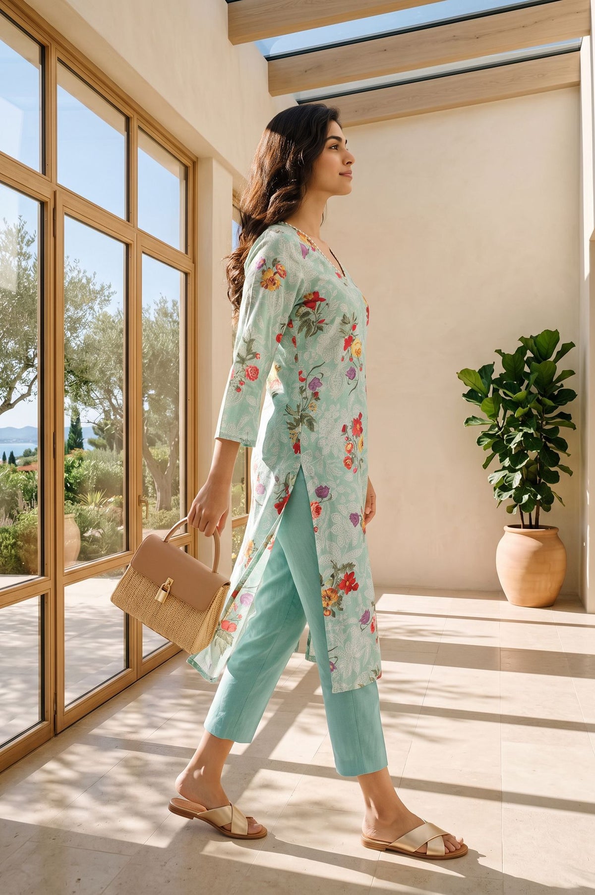 Sea Green Floral Printed Straight Kurta
