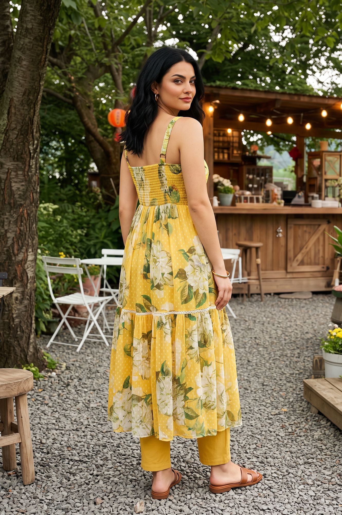 Yellow Floral Printed Sleeveless Flared Kurta