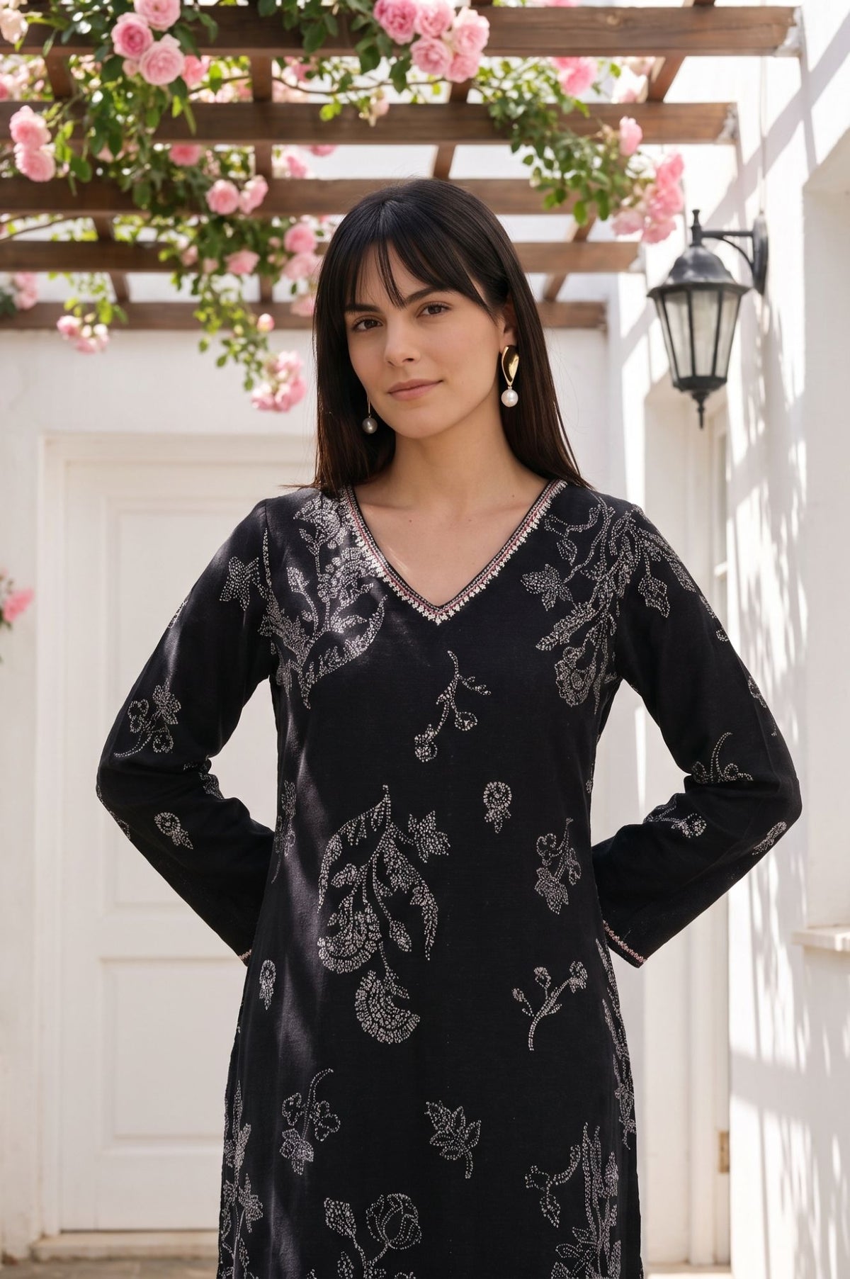Black Floral Printed Sequin Jacquard Straight Winter Kurta