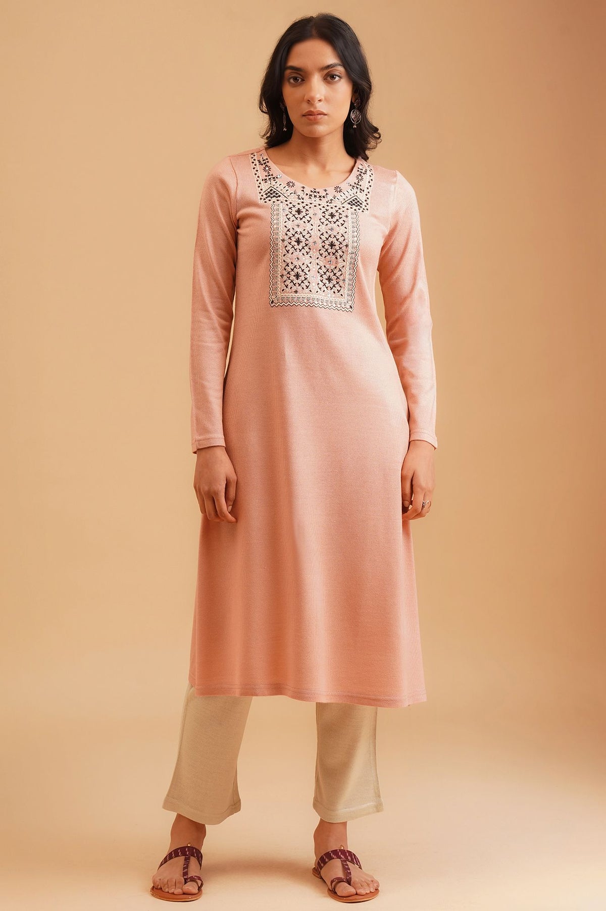 Peach Embroidered Acrylic Straight Winter Kurta