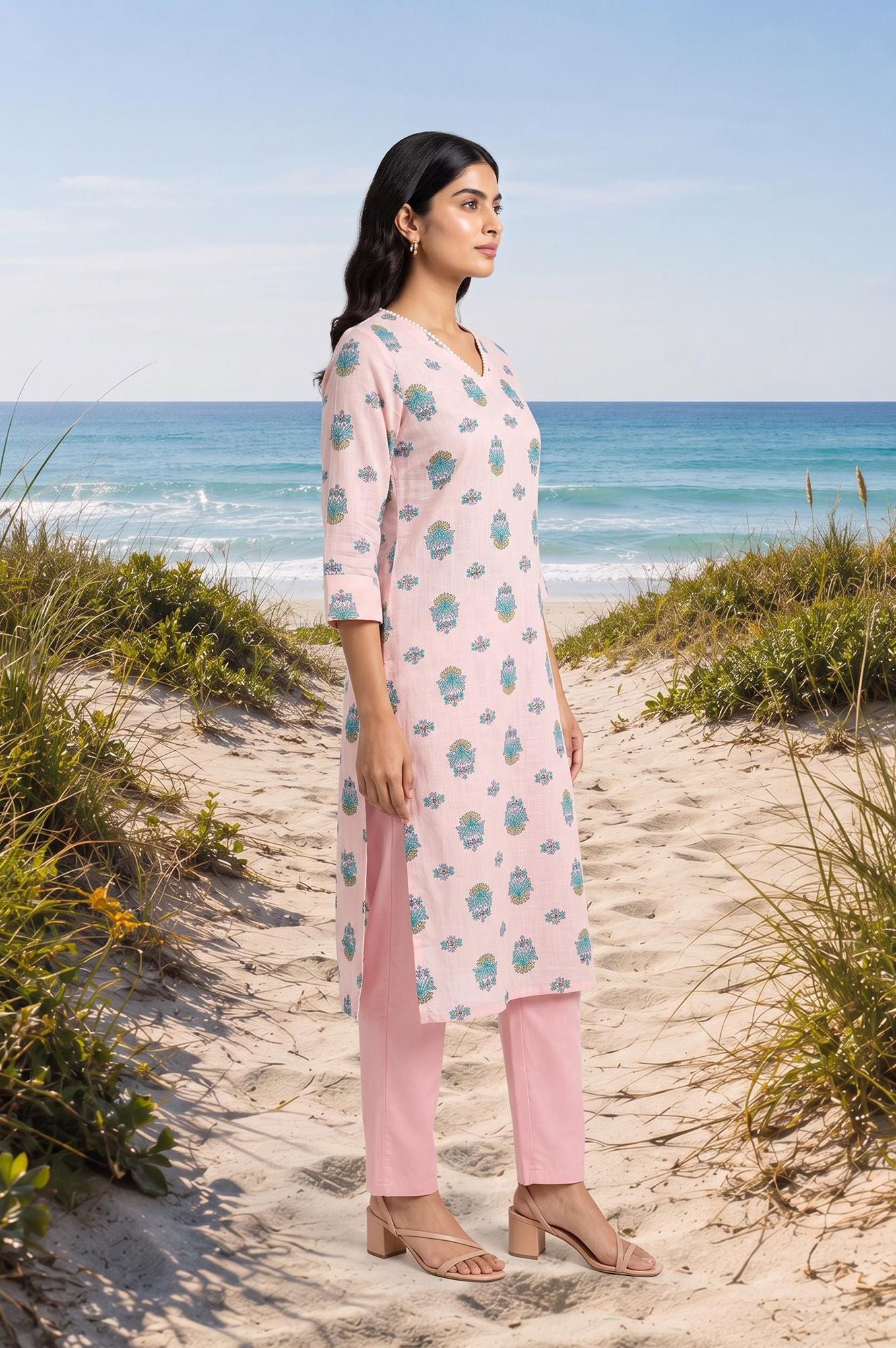 Dusty Pink Floral Printed Pure Cotton Straight Kurta