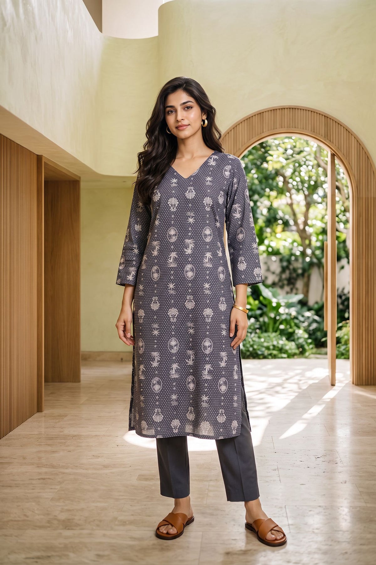 Grey Tropical Printed Pure Cotton Straight Kurta