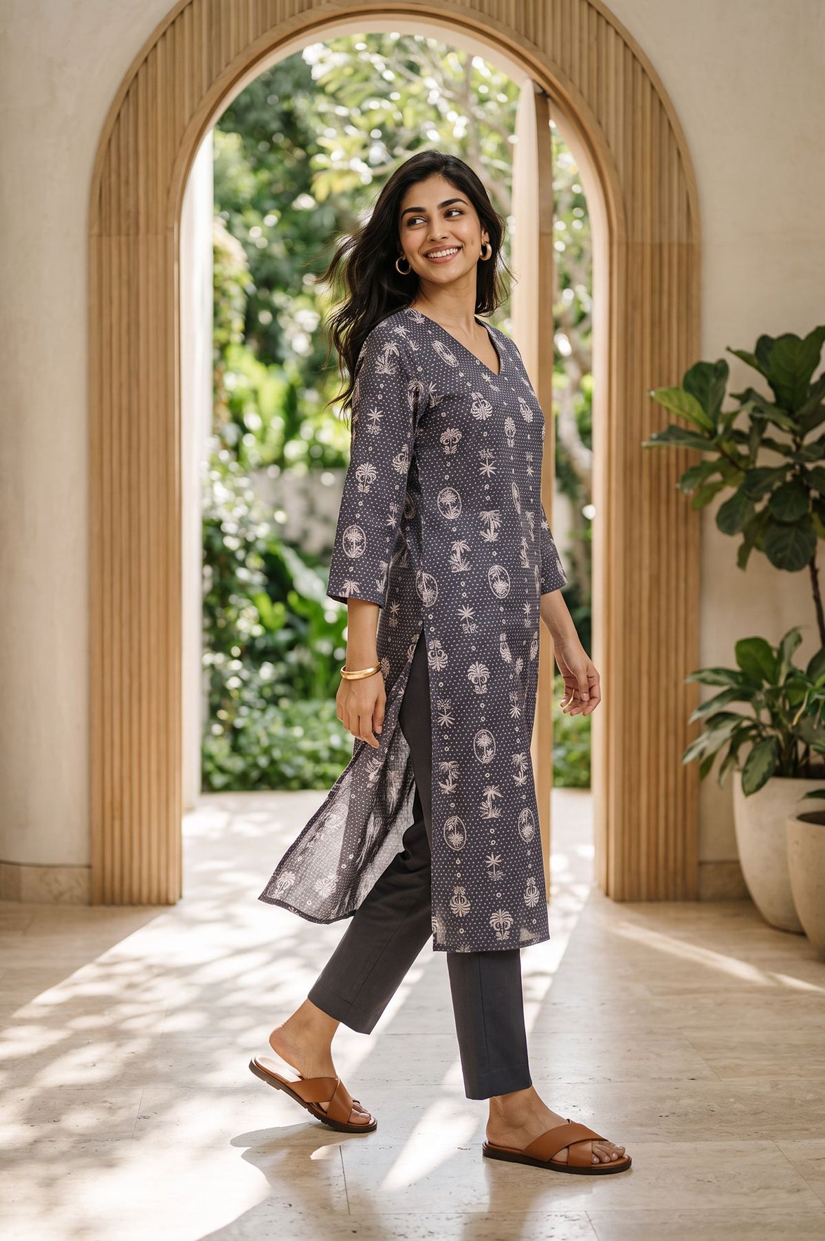 Grey Tropical Printed Pure Cotton Straight Kurta