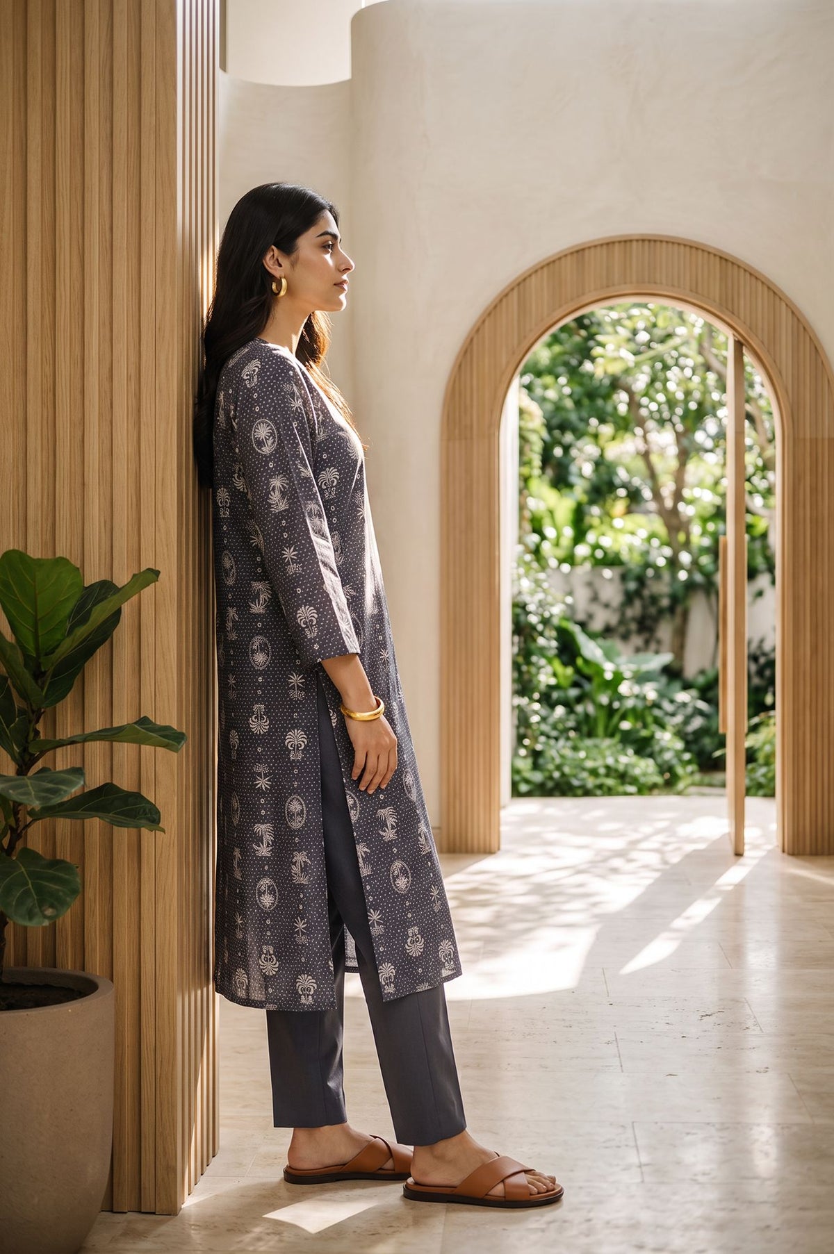Grey Tropical Printed Pure Cotton Straight Kurta