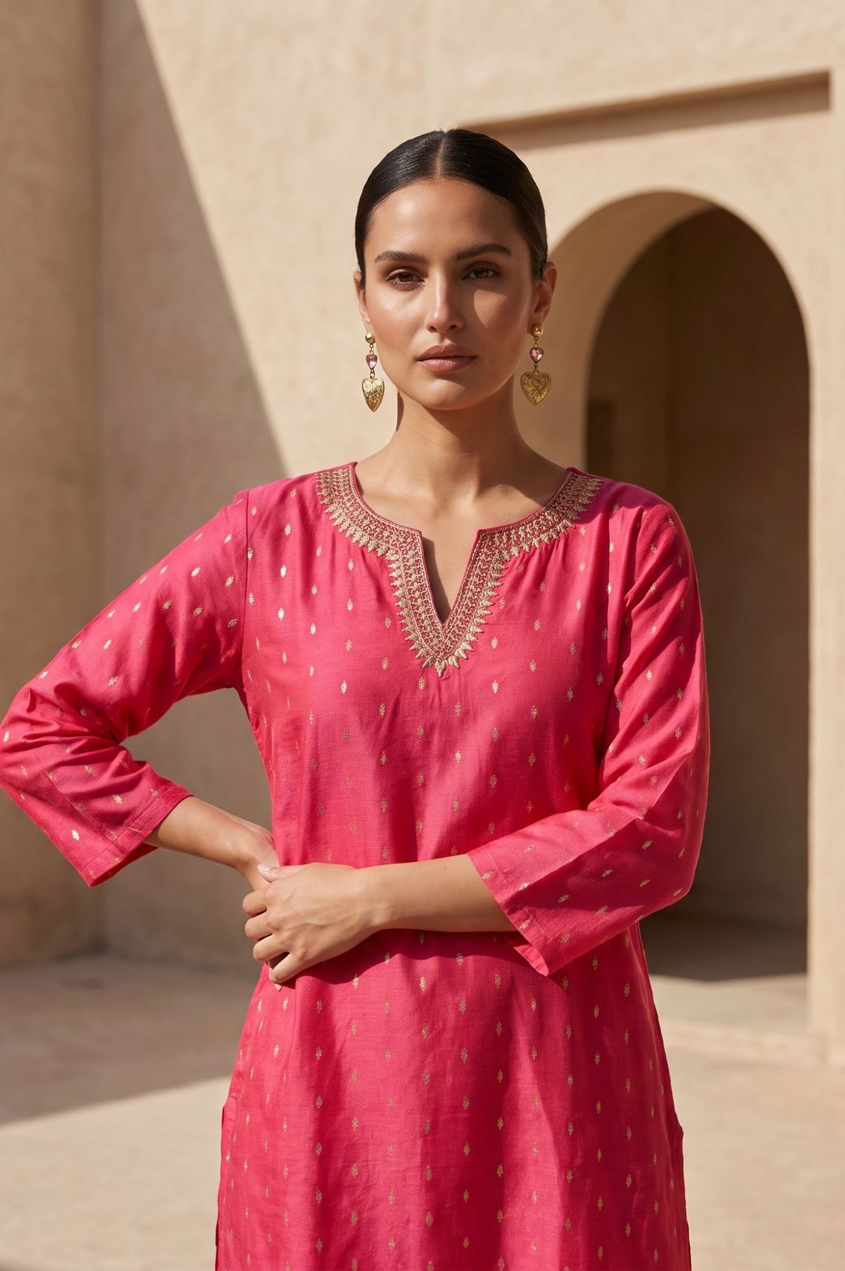 Pink Textured Zari Chanderi Straight Kurta