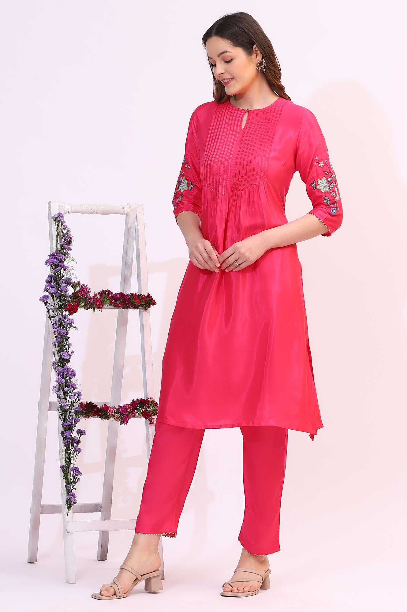 Pink Embroidered Shantung Straight Kurta