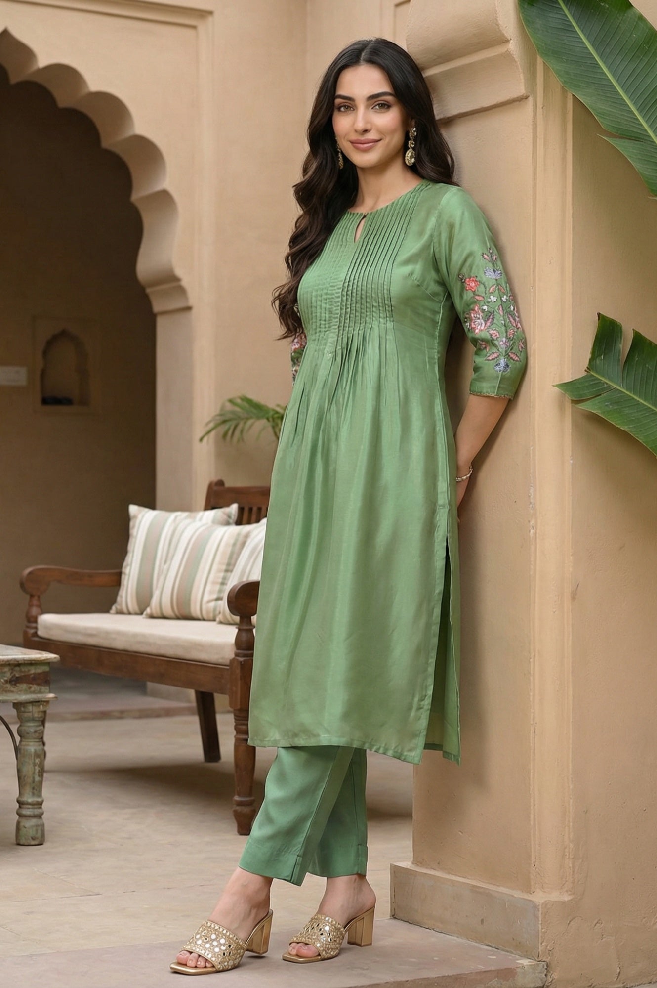 Green Embroidered Shantung Straight Kurta