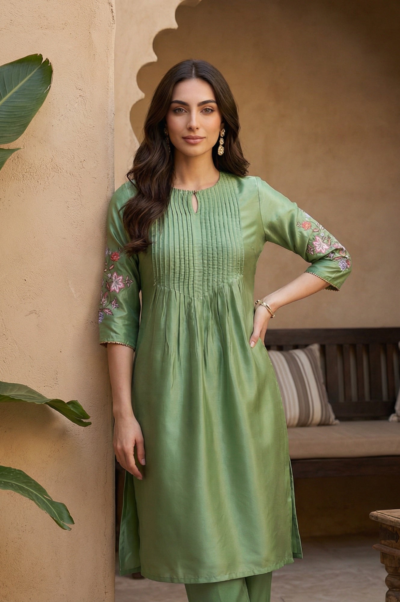 Green Embroidered Shantung Straight Kurta